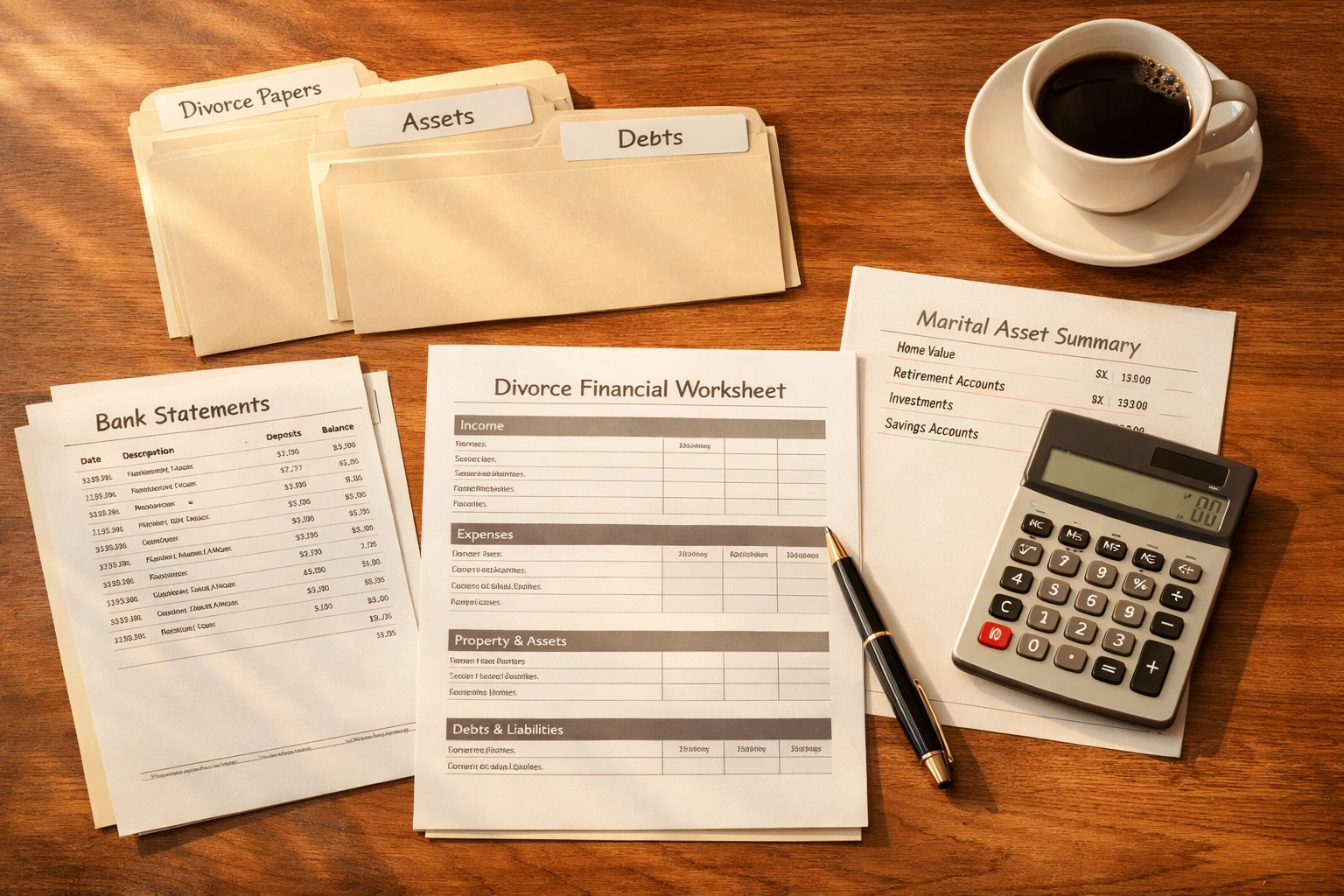 Organized financial documents and folders on desk for Fredericksburg divorce preparation