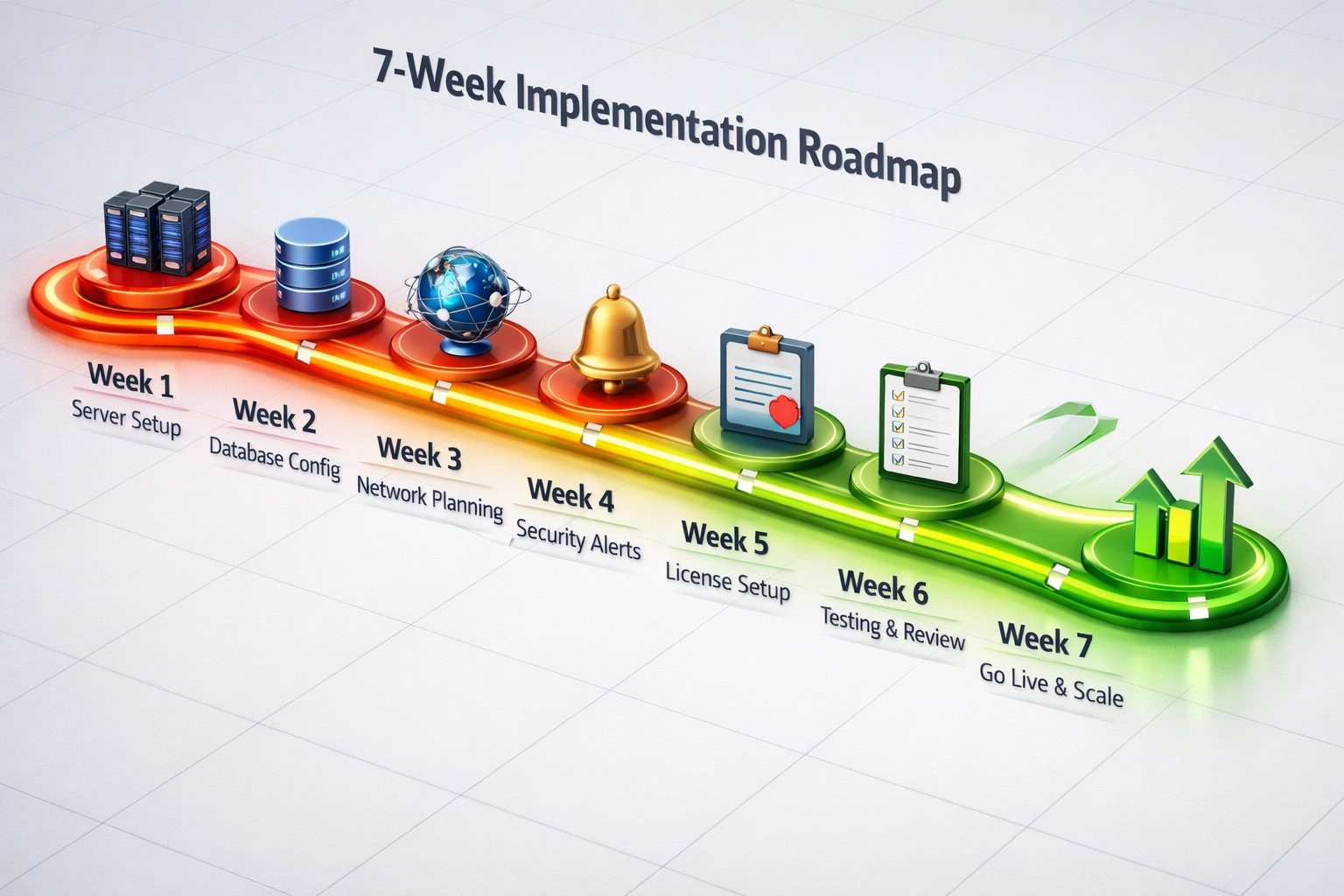 7-week ServiceNow ITOM implementation roadmap showing progression from budget waste to ROI optimization
