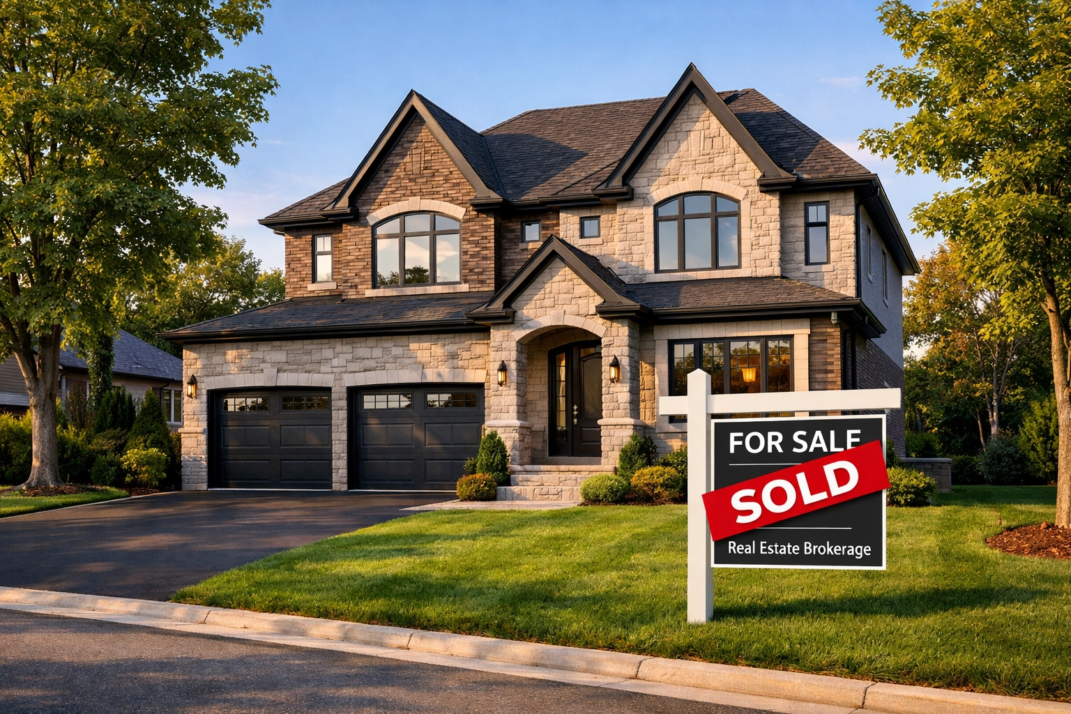 Upscale modern home in Barrie with a sold sign, illustrating current Barrie real estate market trends.