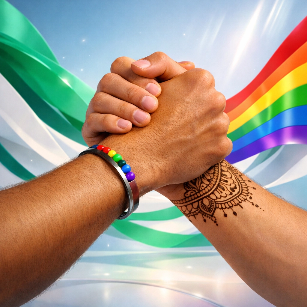 Two men clasping hands in solidarity with rainbow and henna details for Pakistani queer digital activism.