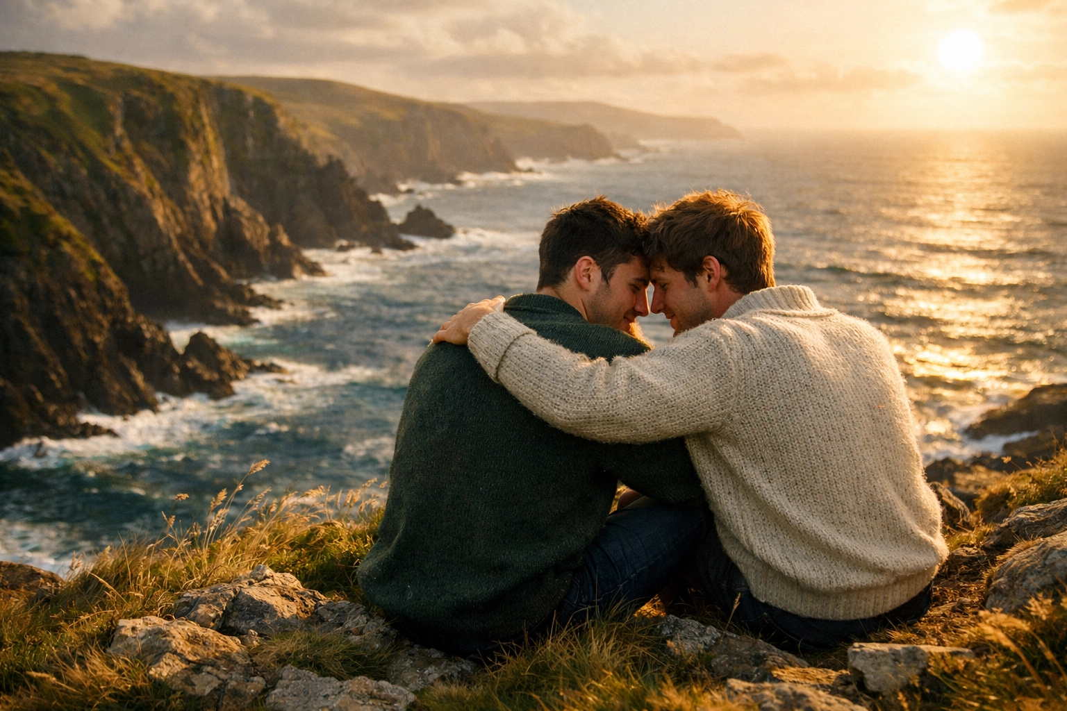 Gay couple sharing quiet intimacy on an Irish cliff at sunset, rural LGBTQ+ love story