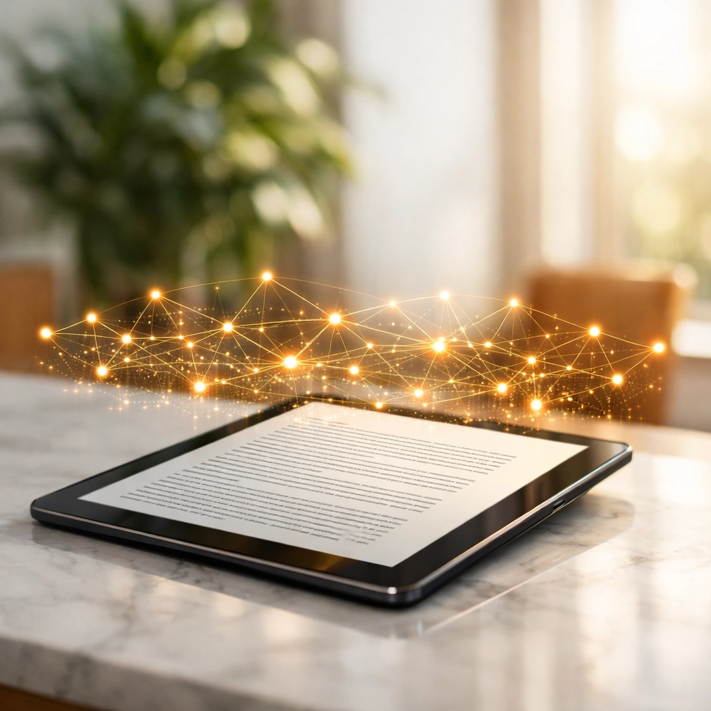 Digital content on a tablet being optimized for both human readers and AI search citations.