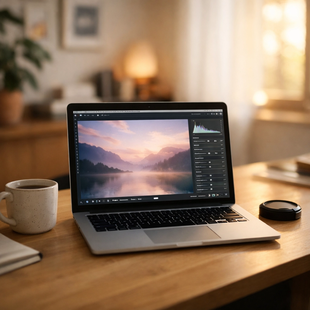 Editing a soft coastal image on a laptop using dreamy photography editing software.