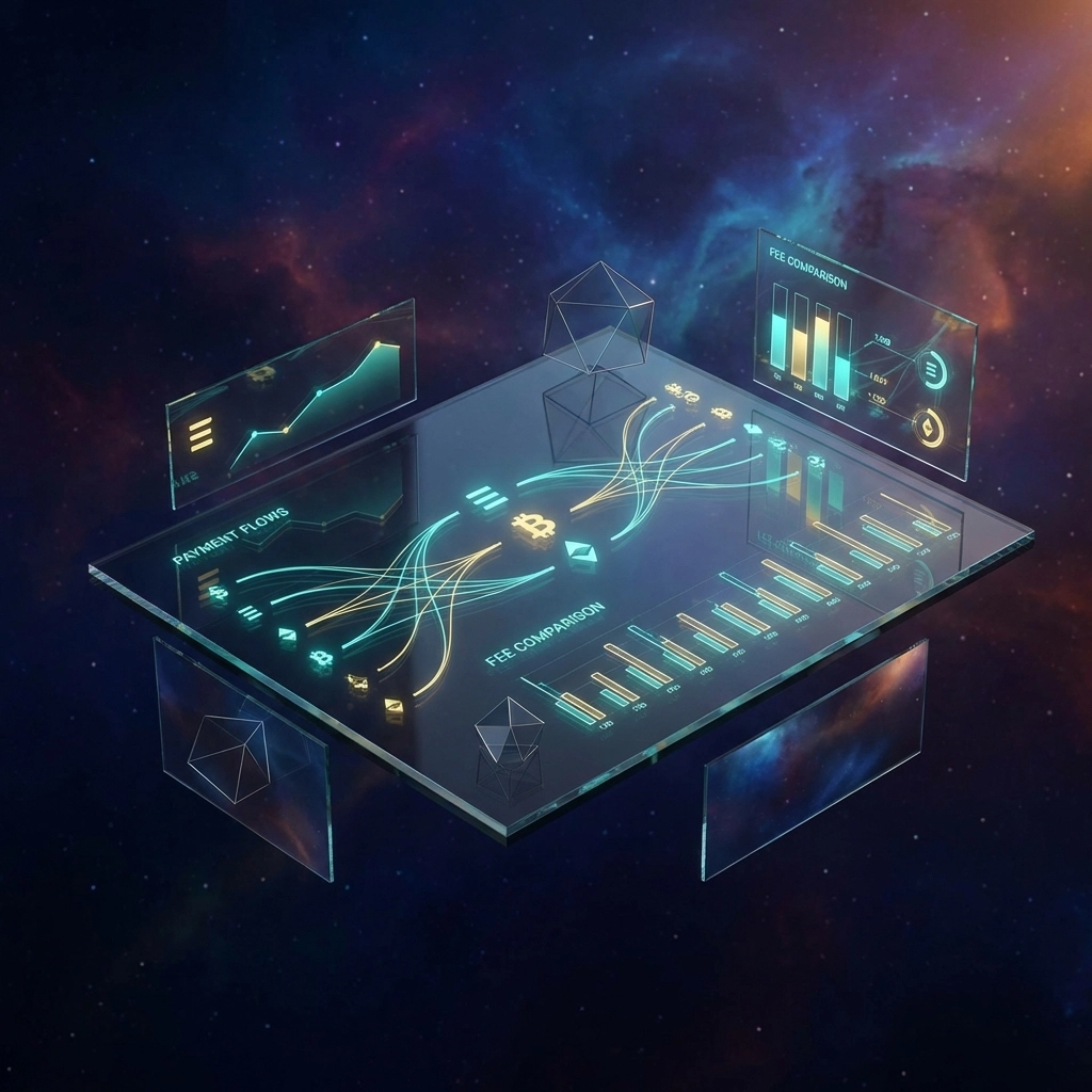Digital dashboard visualizing crypto payment analytics, highlighting Larecoin and BitPay fee comparison for merchants.