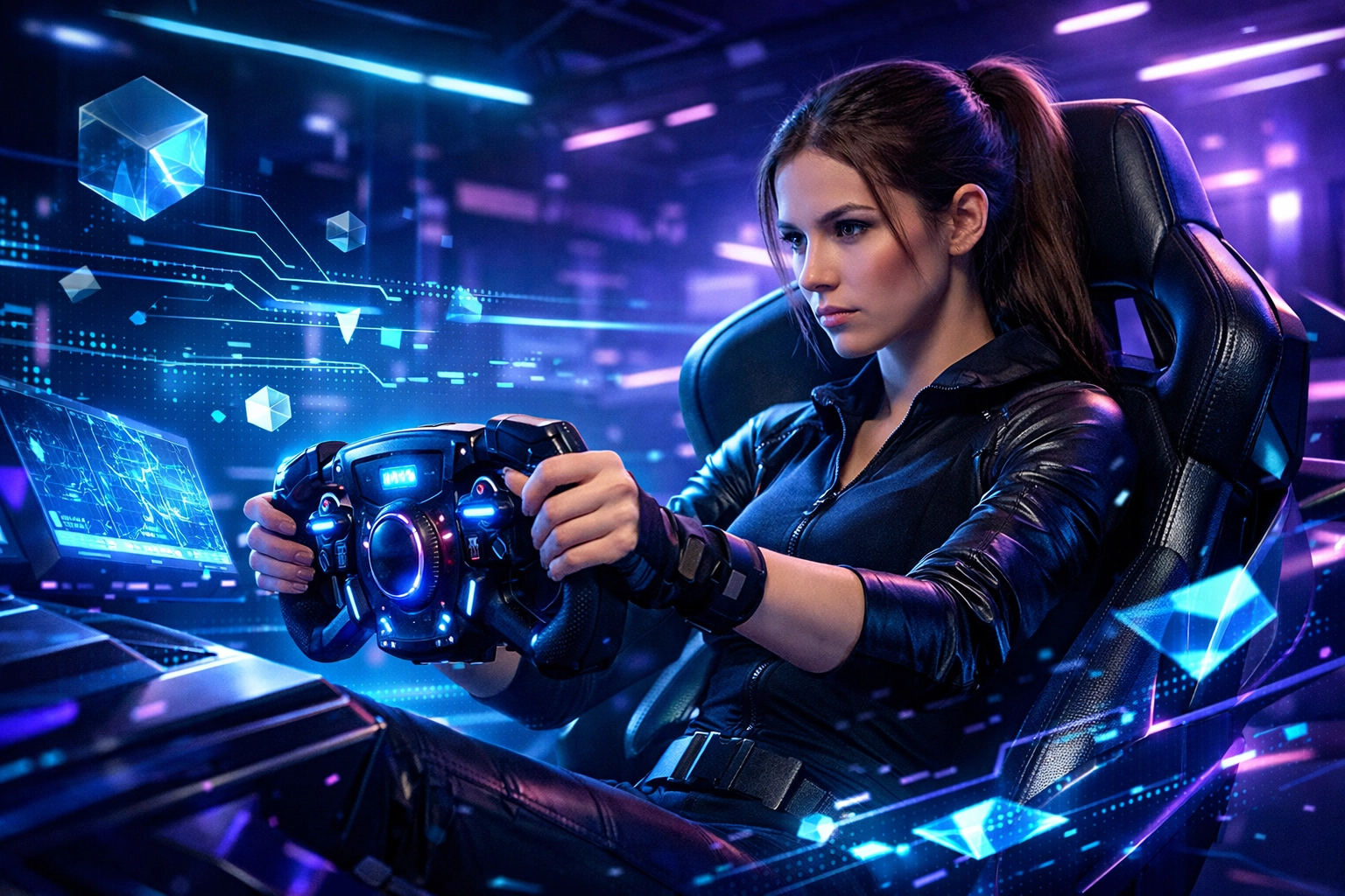 Student engaging in an AI-powered simulation inside a high-tech esports pod for career development and STEM education.