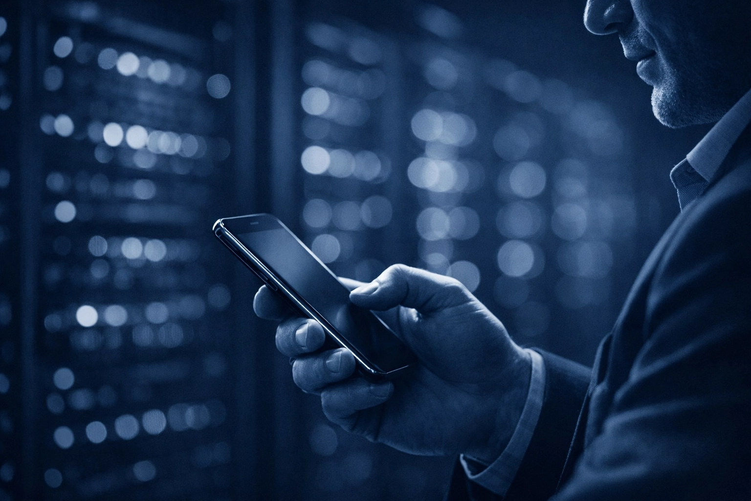 Professional managing secure business IT services from a smartphone within a high-tech data center environment.