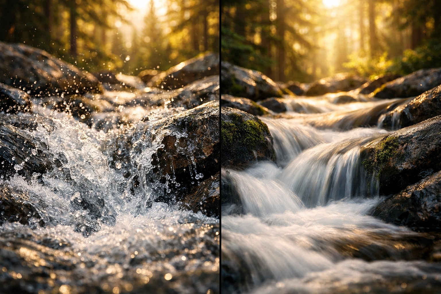 Split screen showing fast shutter versus long exposure on a mountain stream for photography for beginners.