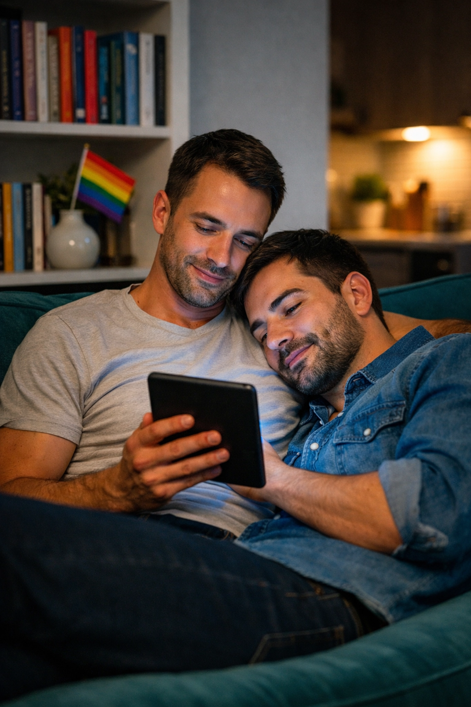 Gay couple cuddling on a couch while browsing gay romance novels on a modern e-reader tablet.