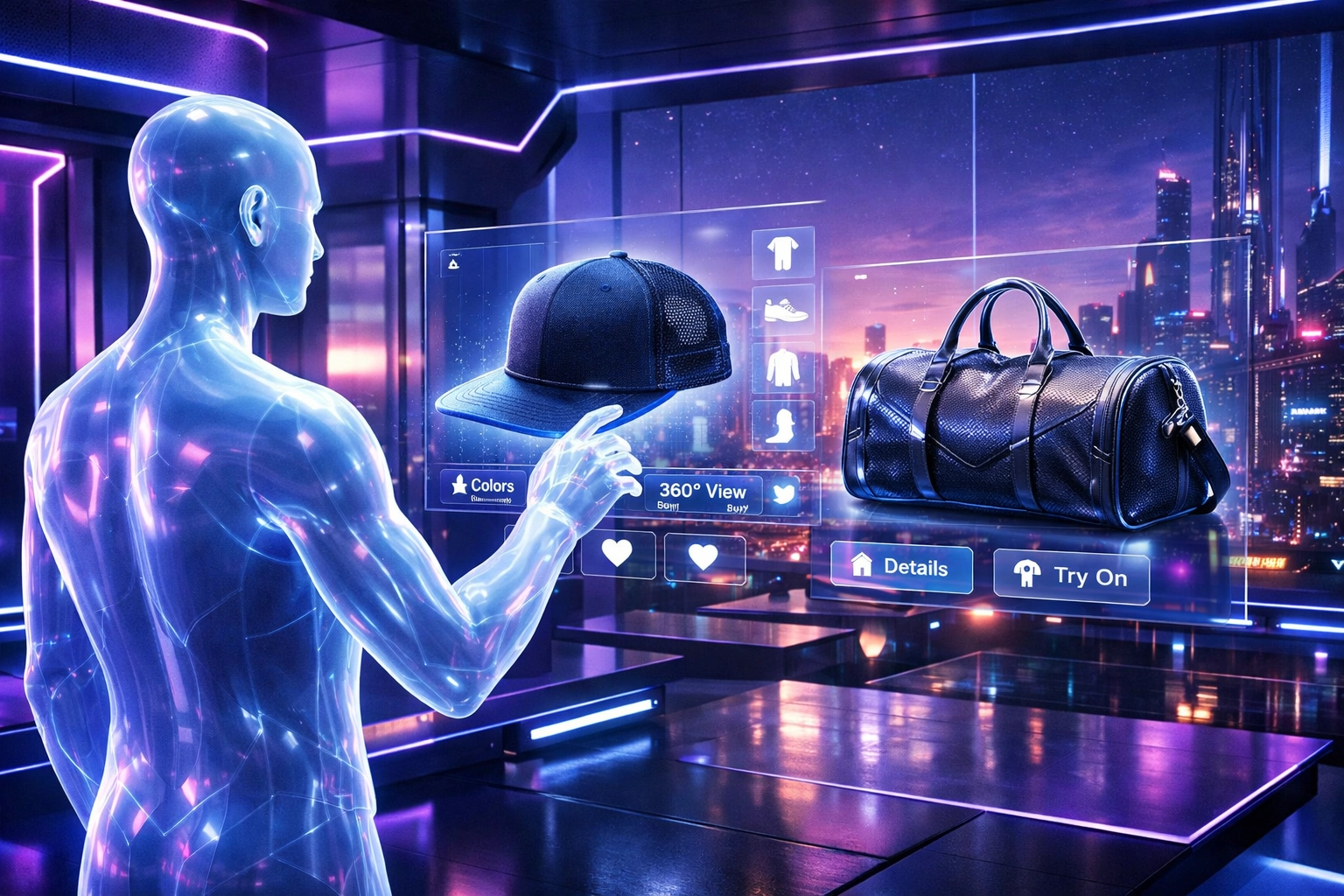 Customers interacting with digital products in a high-tech Larecoin.ai metaverse retail showroom.