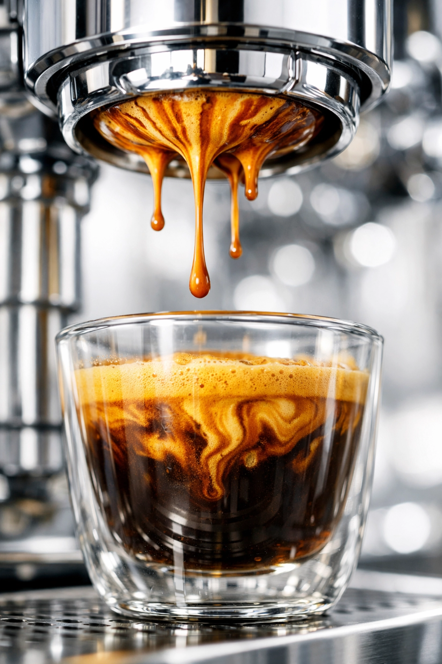 Close-up of espresso extraction with thick golden crema from a high-end coffee machine.