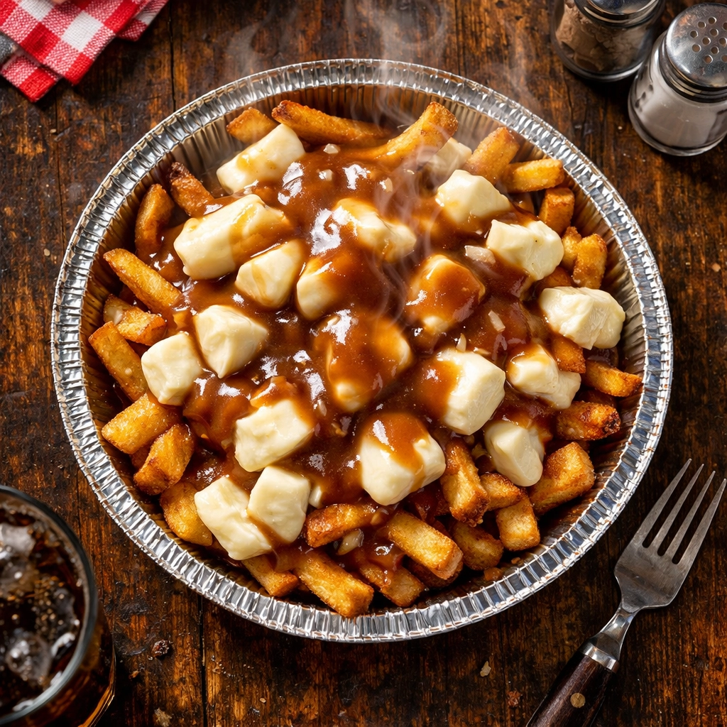 Authentic Montreal poutine with fresh cheese curds and gravy in a local deli setting.