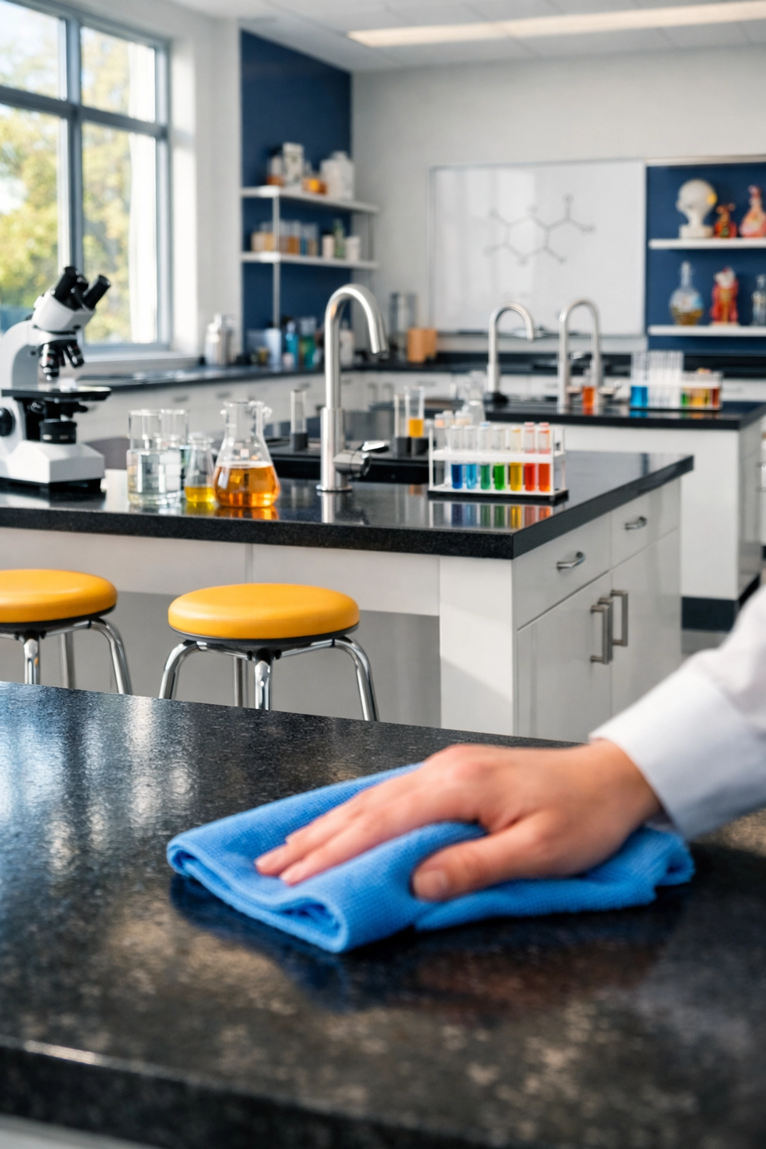 Professional sanitizing of high-touch surfaces in a modern Andover private school science lab.