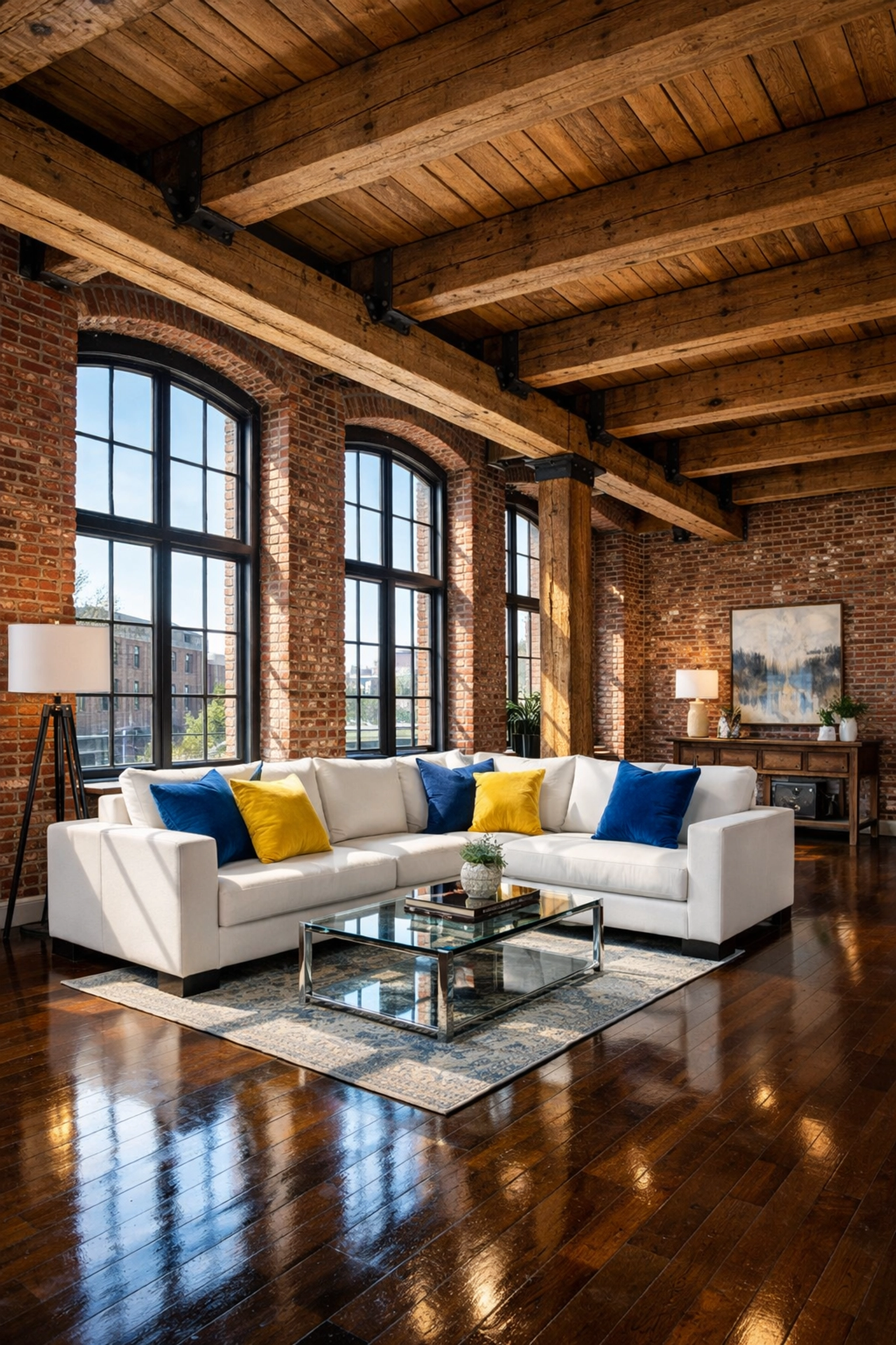 Cleaned Lowell mill loft with red brick and timber beams after a professional deep cleaning Lowell service.