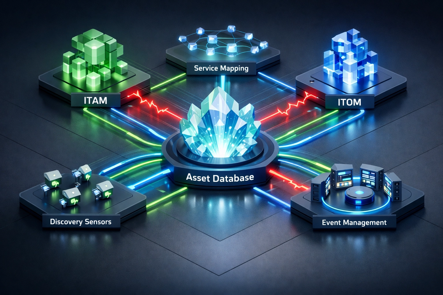 Integrated ITAM and ITOM ecosystem showing connected ServiceNow modules and data flows