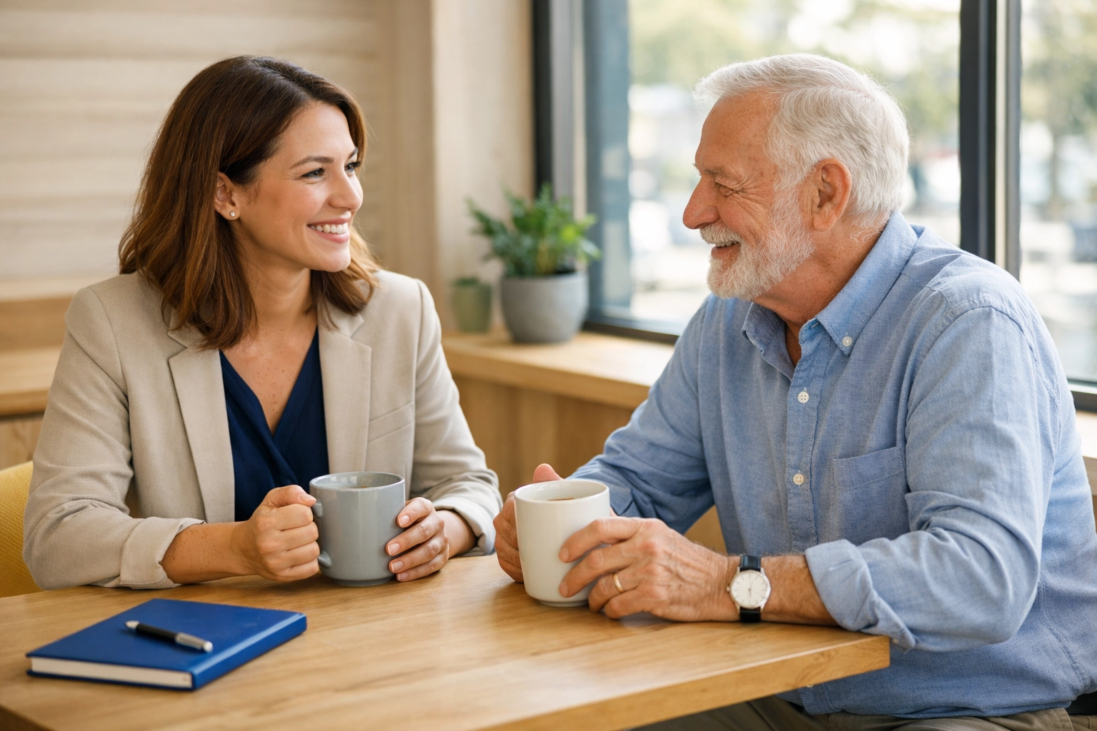 A fundraiser and major donor having a personal conversation over coffee to build donor relationships.