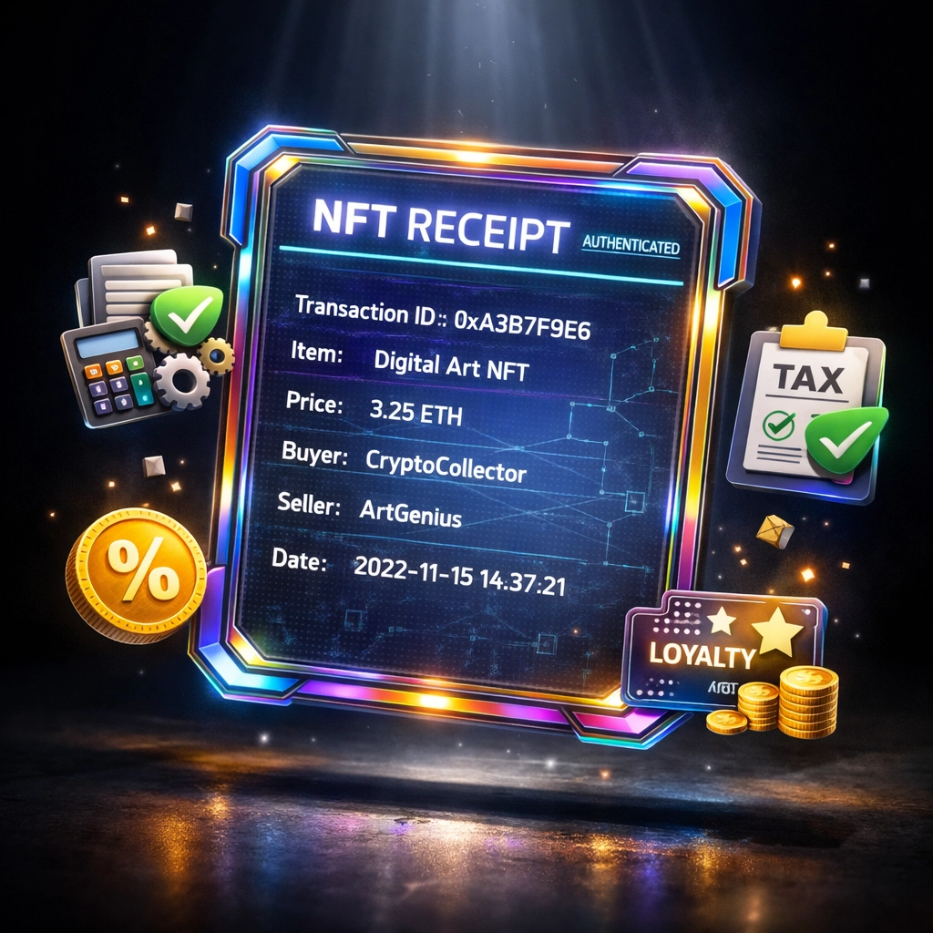 NFT receipt displaying blockchain transaction data for automated merchant accounting and tax compliance