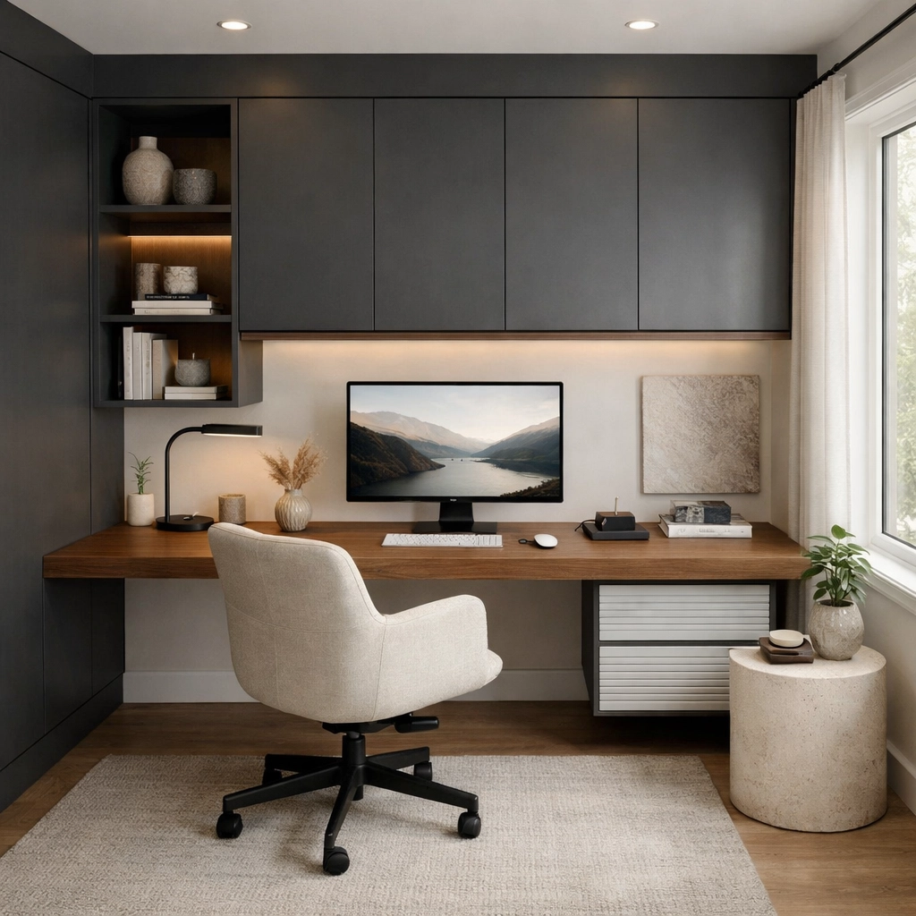 Modern home remodeling in Orlando featuring a professional workspace with custom walnut desk and built-in cabinetry.