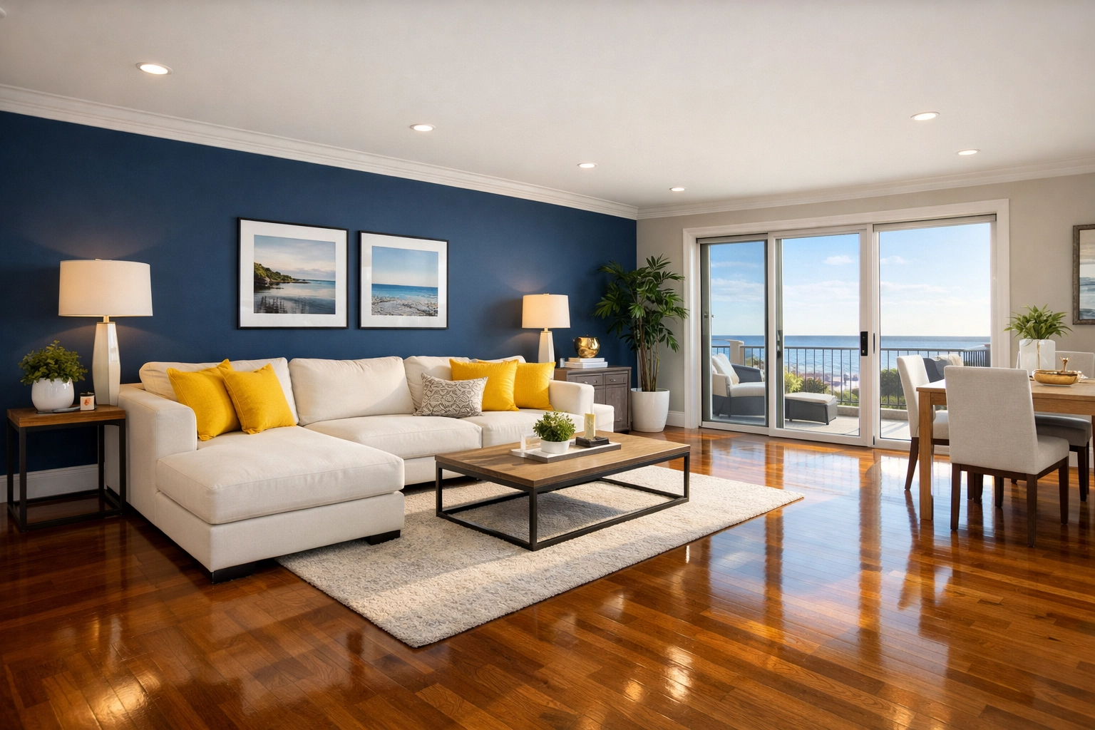 Clean and organized modern apartment living room in Milford after professional house cleaning.