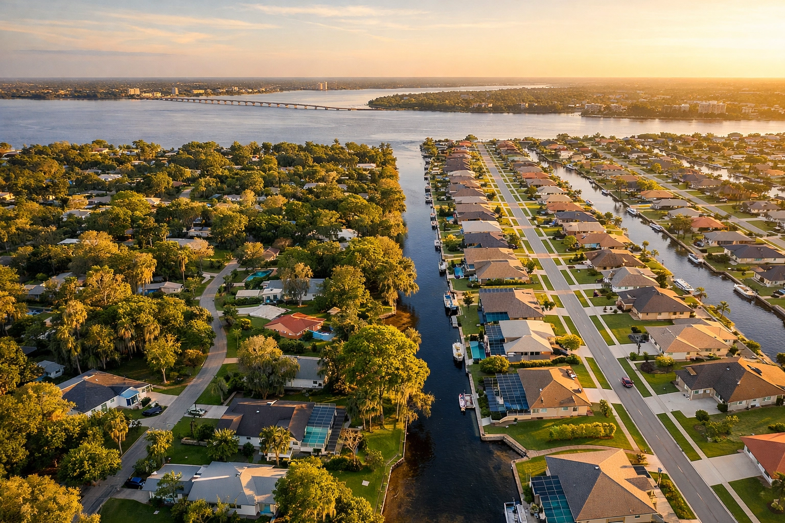 Aerial view comparing North Fort Myers and Cape Coral neighborhoods separated by Caloosahatchee River