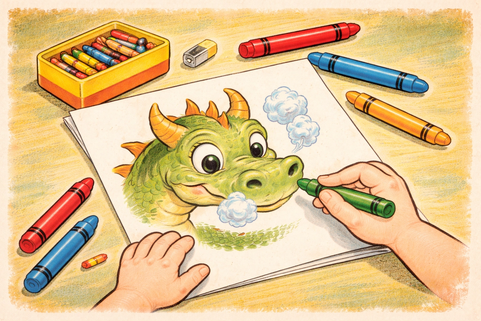 Child's hands drawing a playful dragon head with crayons, starting the Draw-and-Switch Creature Game