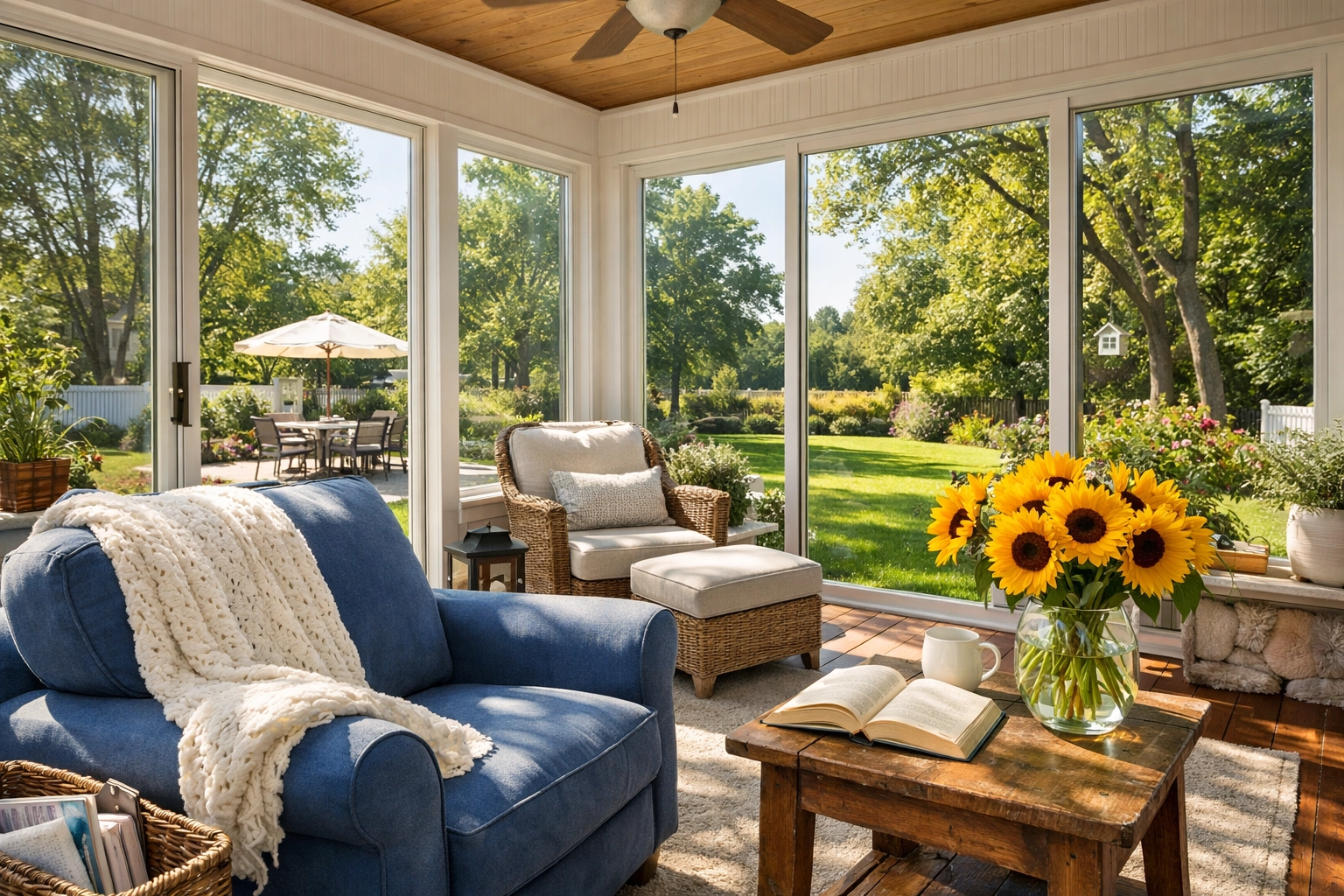 A clean, peaceful Shrewsbury sunroom showcasing the results of a custom residential house cleaning plan.
