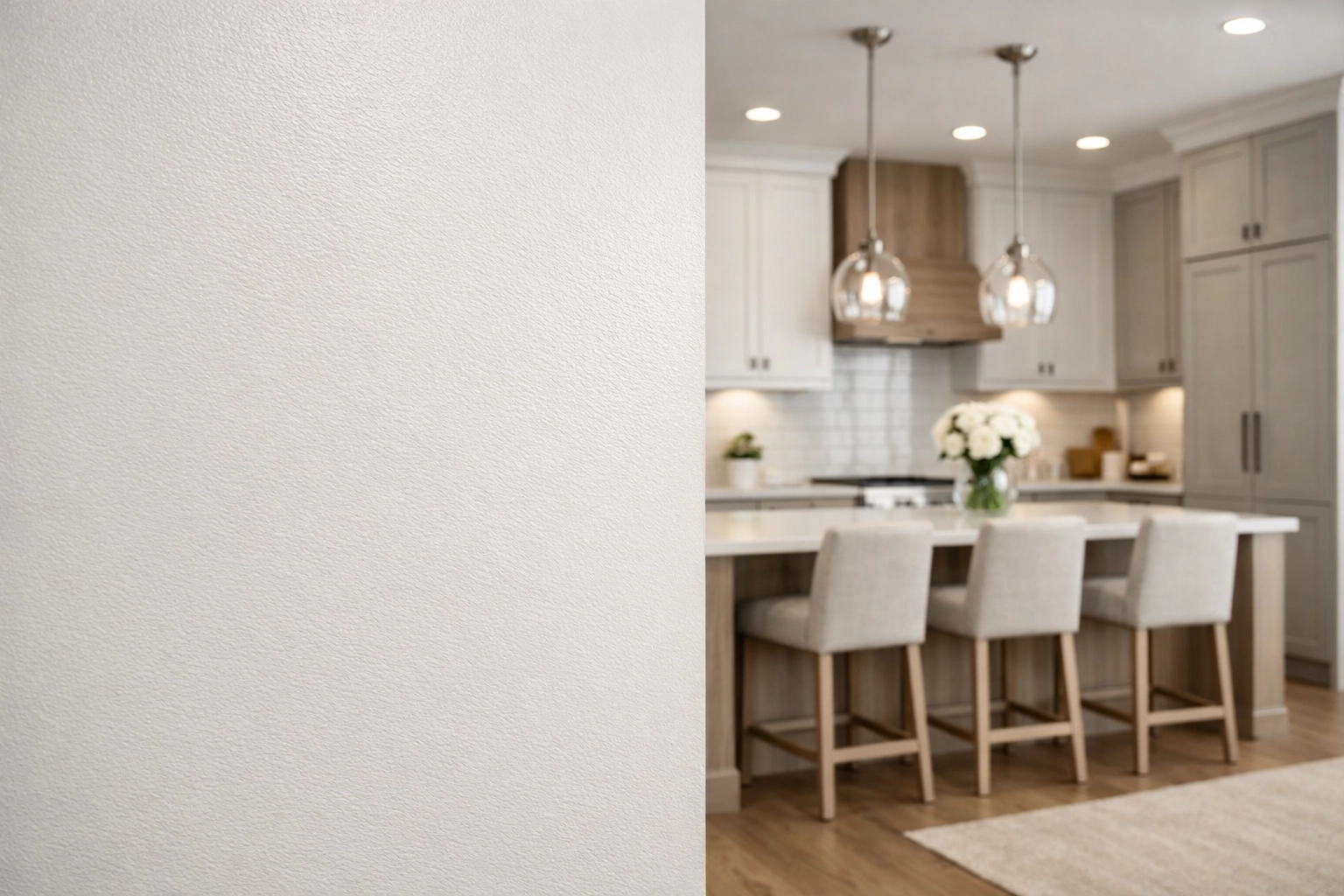 Smooth eggshell paint finish on walls in a modern Orlando kitchen and hallway.