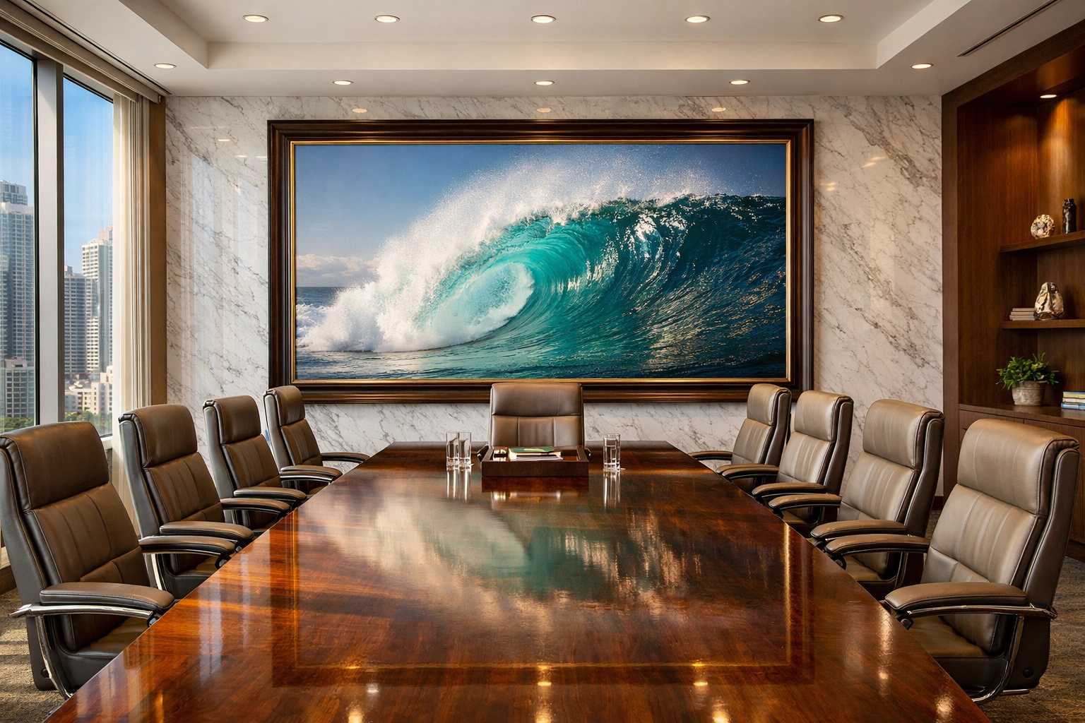 Luxury Brickell boardroom featuring professional fine art photography from a Miami commercial photographer.