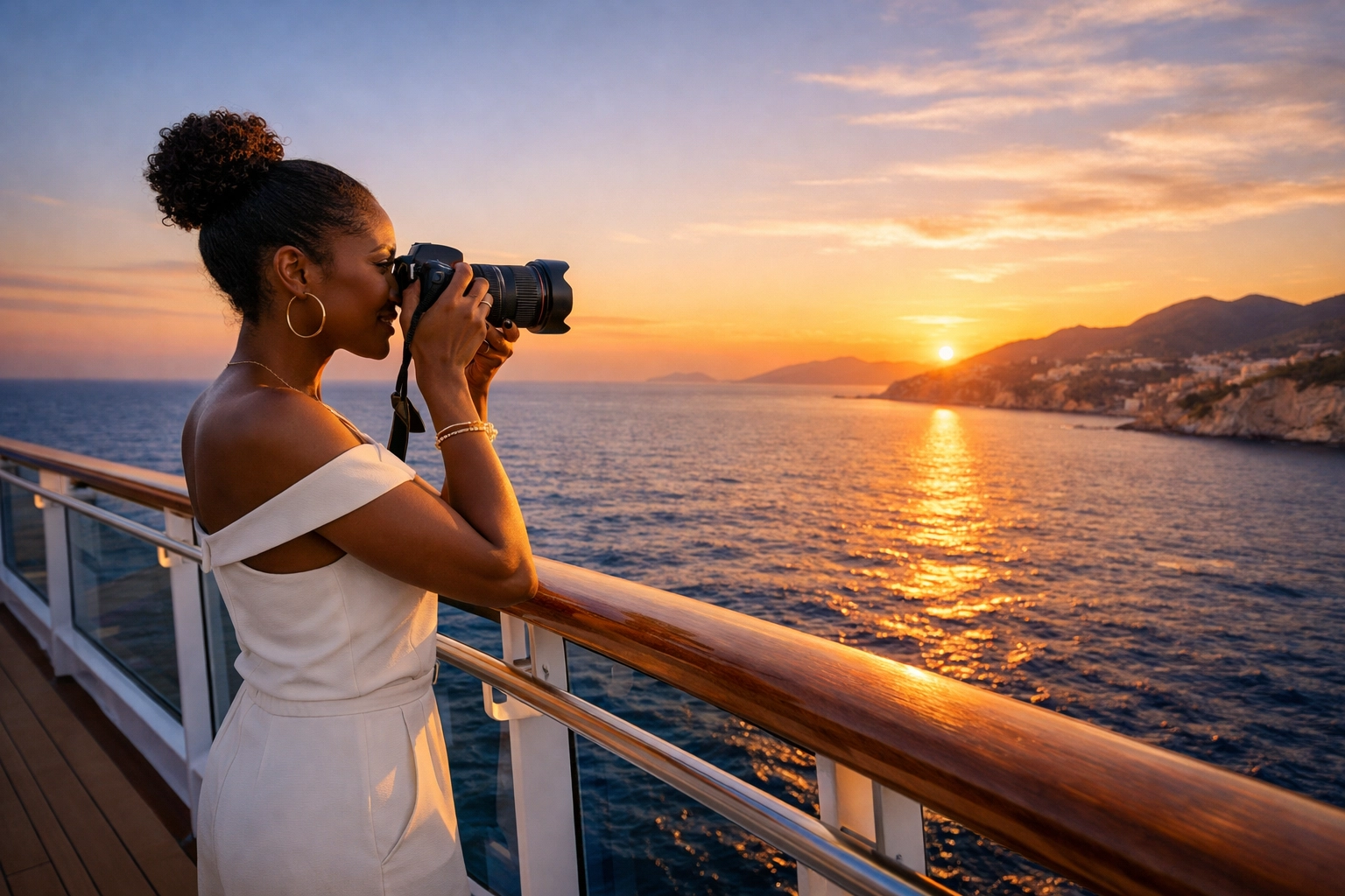Cruise travel agent documenting a luxury Mediterranean voyage from a ship balcony for her brand.