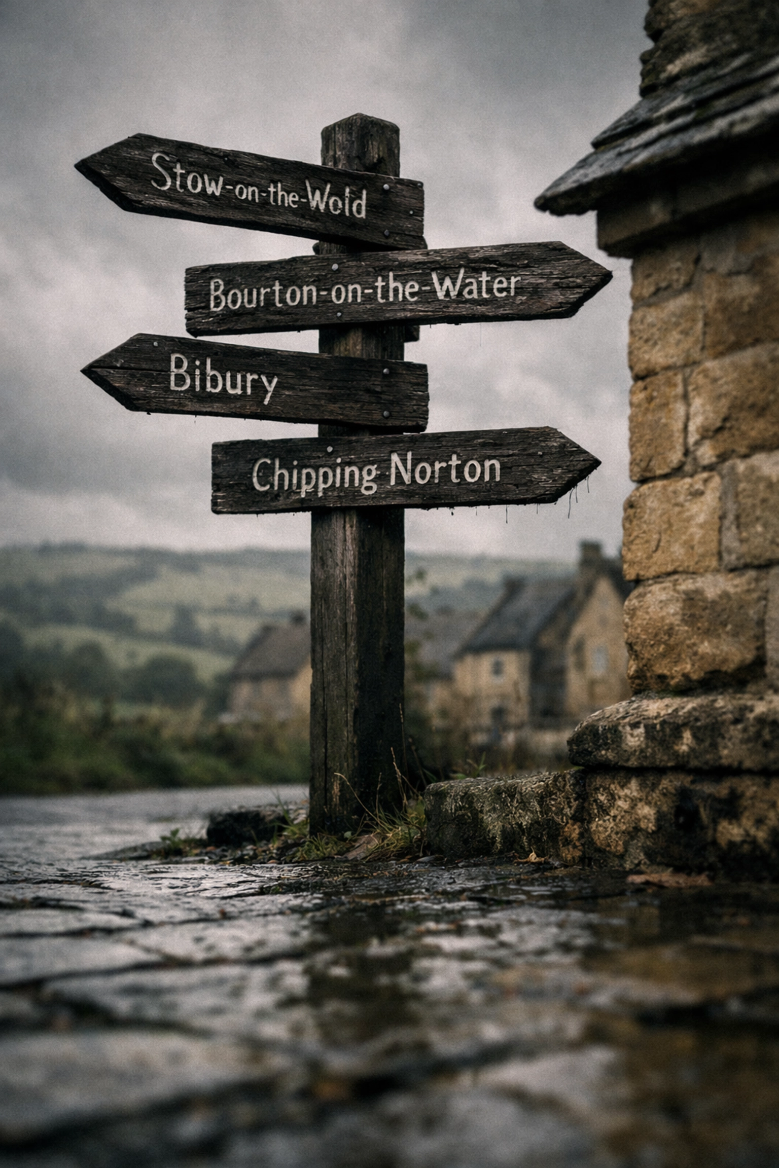 Old signpost in the Cotswolds showing English place names later borrowed by American towns