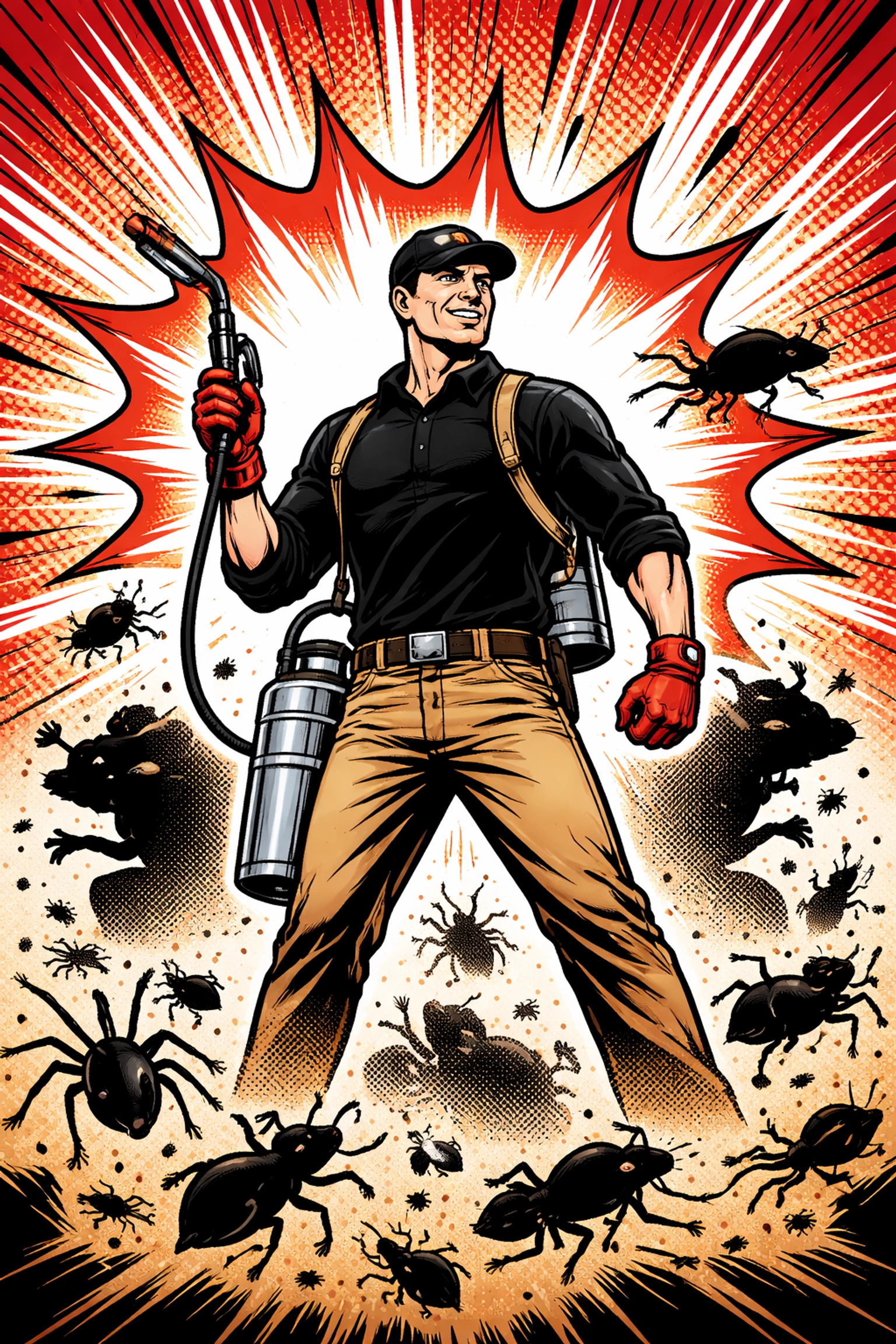 Superhero pest control technician standing victorious as pests flee, representing the effectiveness of professional winter pest prevention in Walker County.