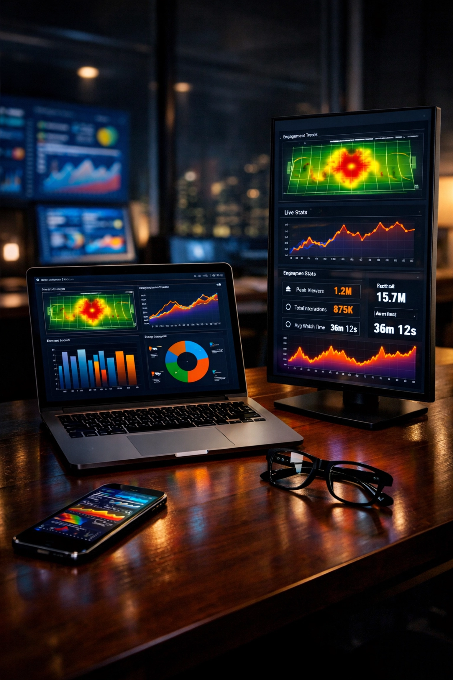 Marketing agency strategy room showing Super Bowl audience data analytics and real-time heat maps.