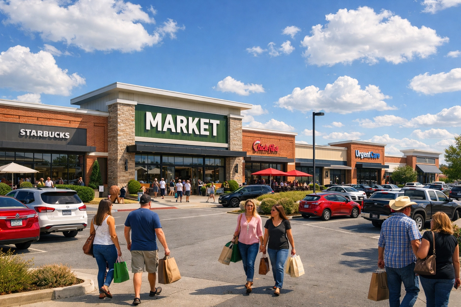Busy grocery-anchored retail center in North Texas with shoppers and modern storefronts