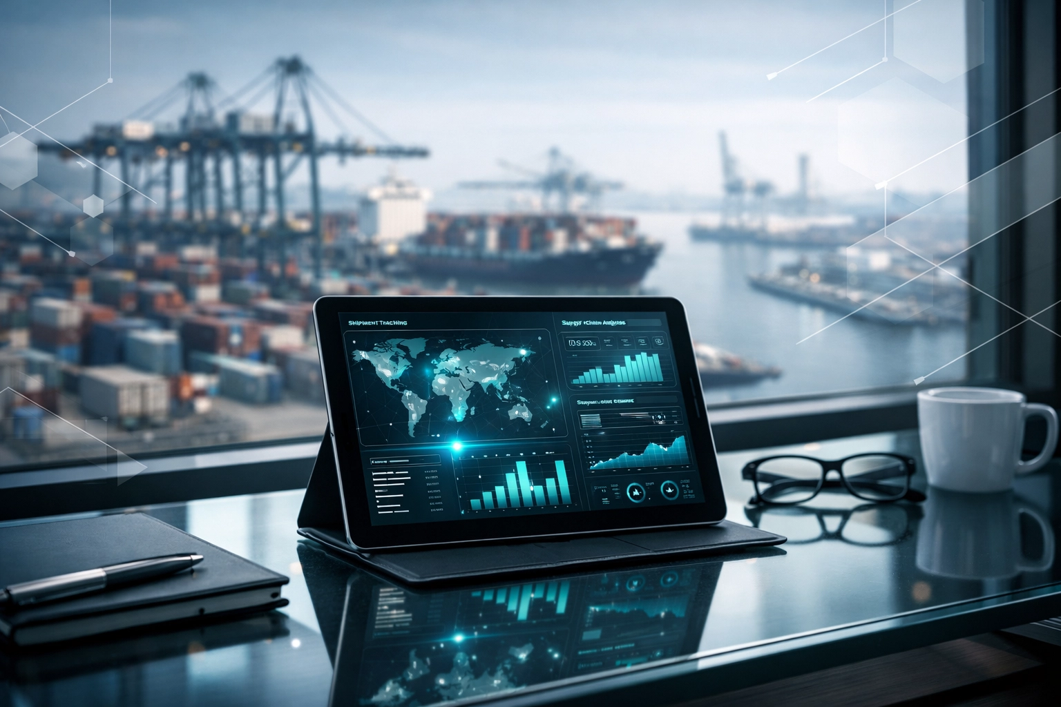 Modern tablet displaying logistics data for customs broker Florida and 3PL Miami fulfillment services.