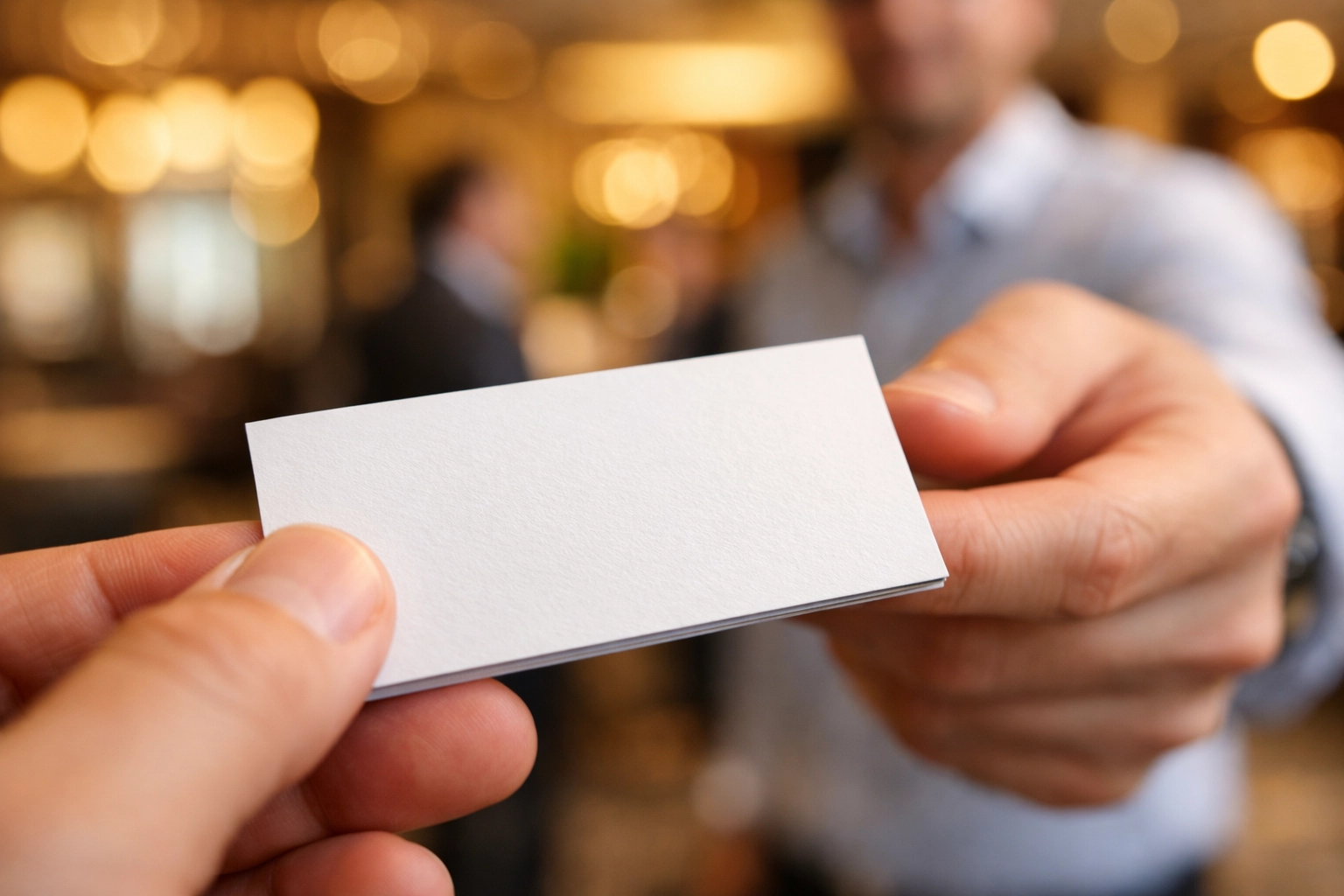 A professional handing out a premium custom business card at a Dallas networking event.