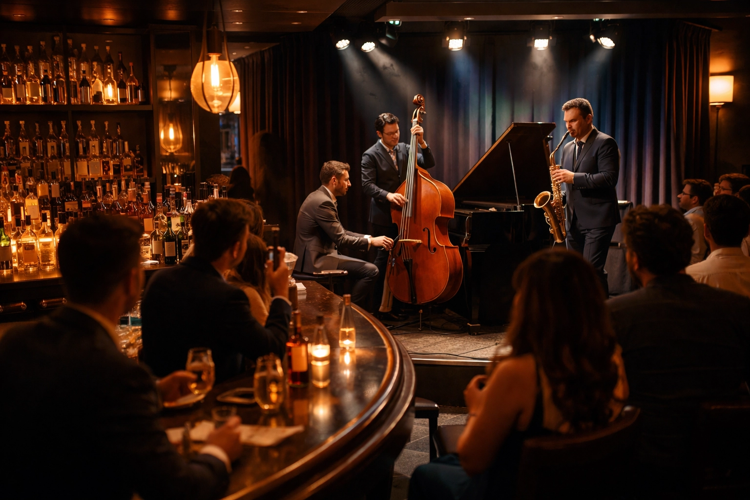 Jazz trio performing live music at a bustling bar event while patrons enjoy craft cocktails