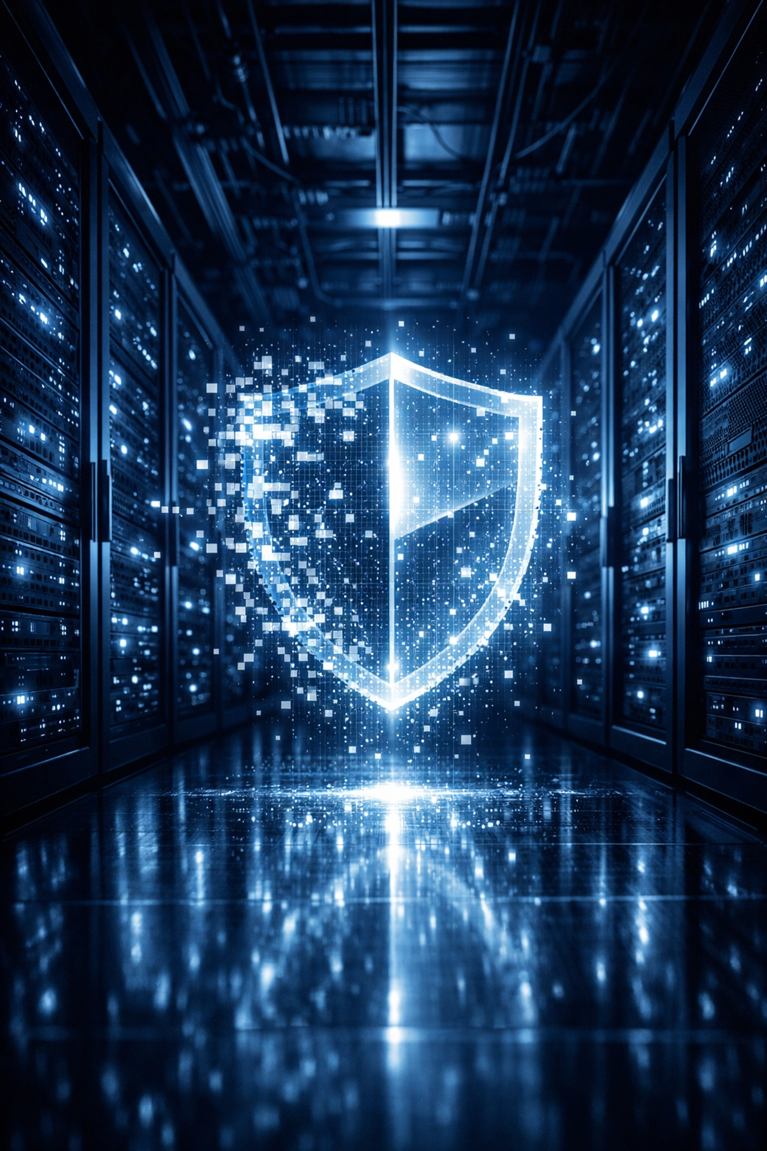 A glowing digital security shield in a modern data center representing business data recovery and managed IT services.