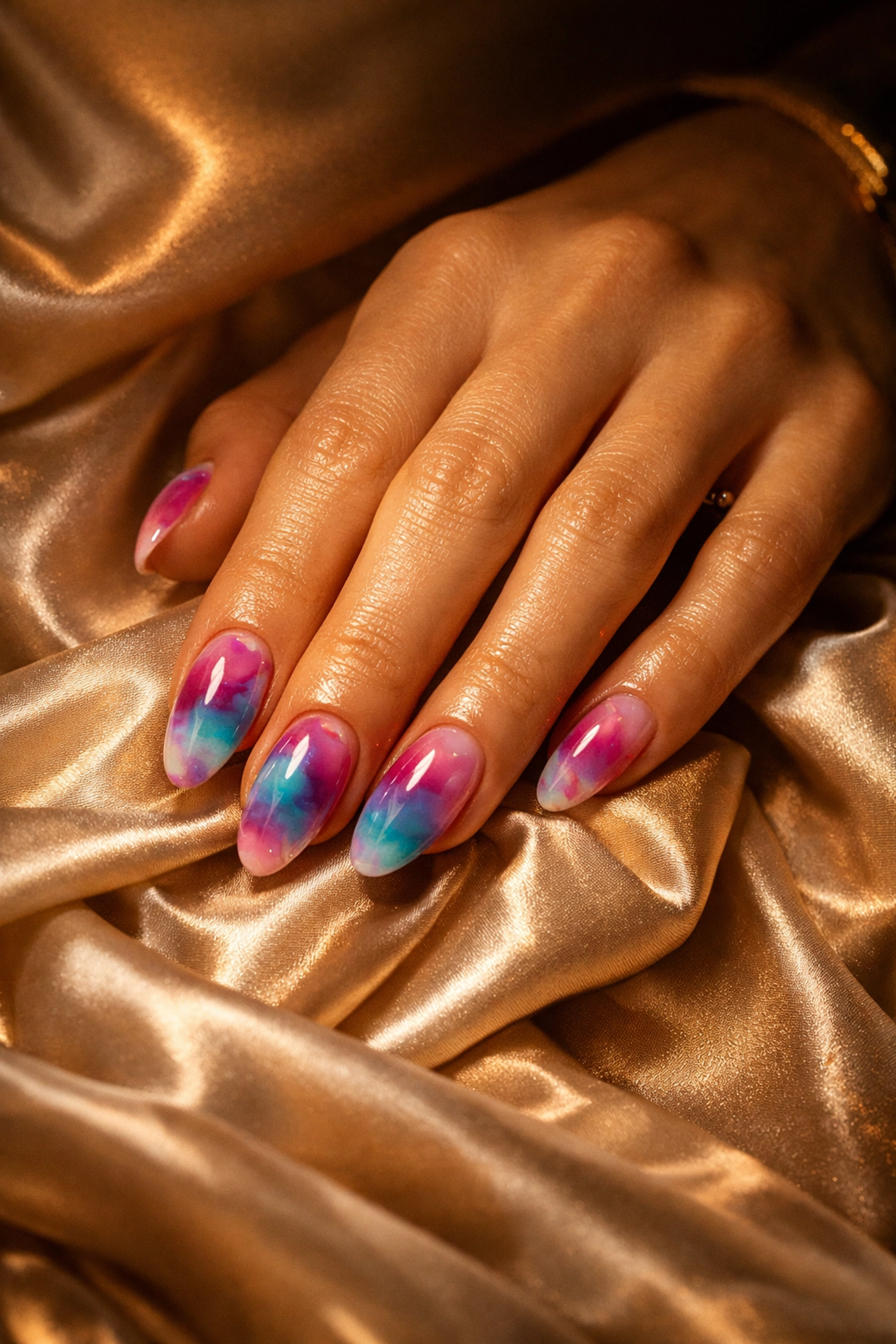 Elegant hand with colorful watercolor blooming gel nails, a signature Japanese gel manicure near me.