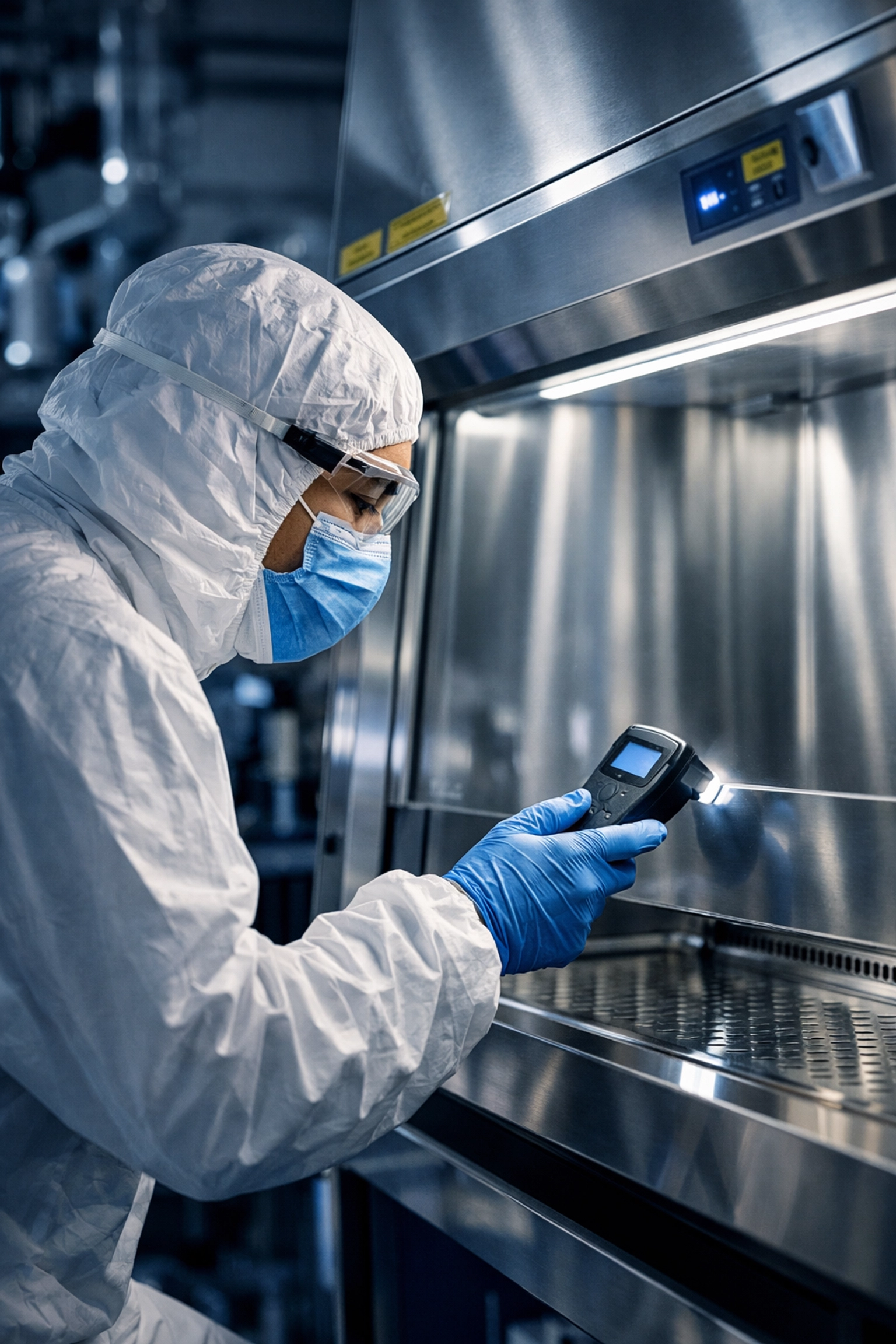 Bio-medical cleaning technician in a cleanroom suit inspecting a sterile biotech environment in Taunton, MA.