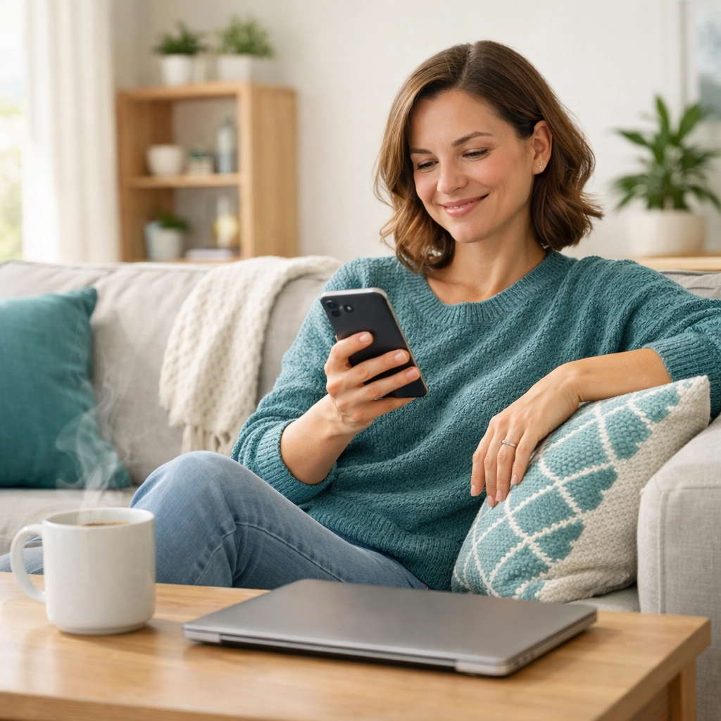 A person comfortably using their smartphone to sell my cell phone online from home for quick cash.