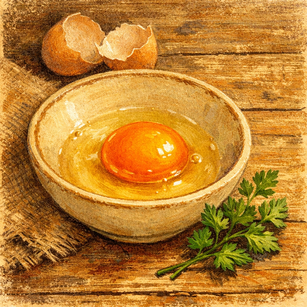 A fresh egg with a bright orange yolk in a rustic bowl, showing nutrient dense quality.