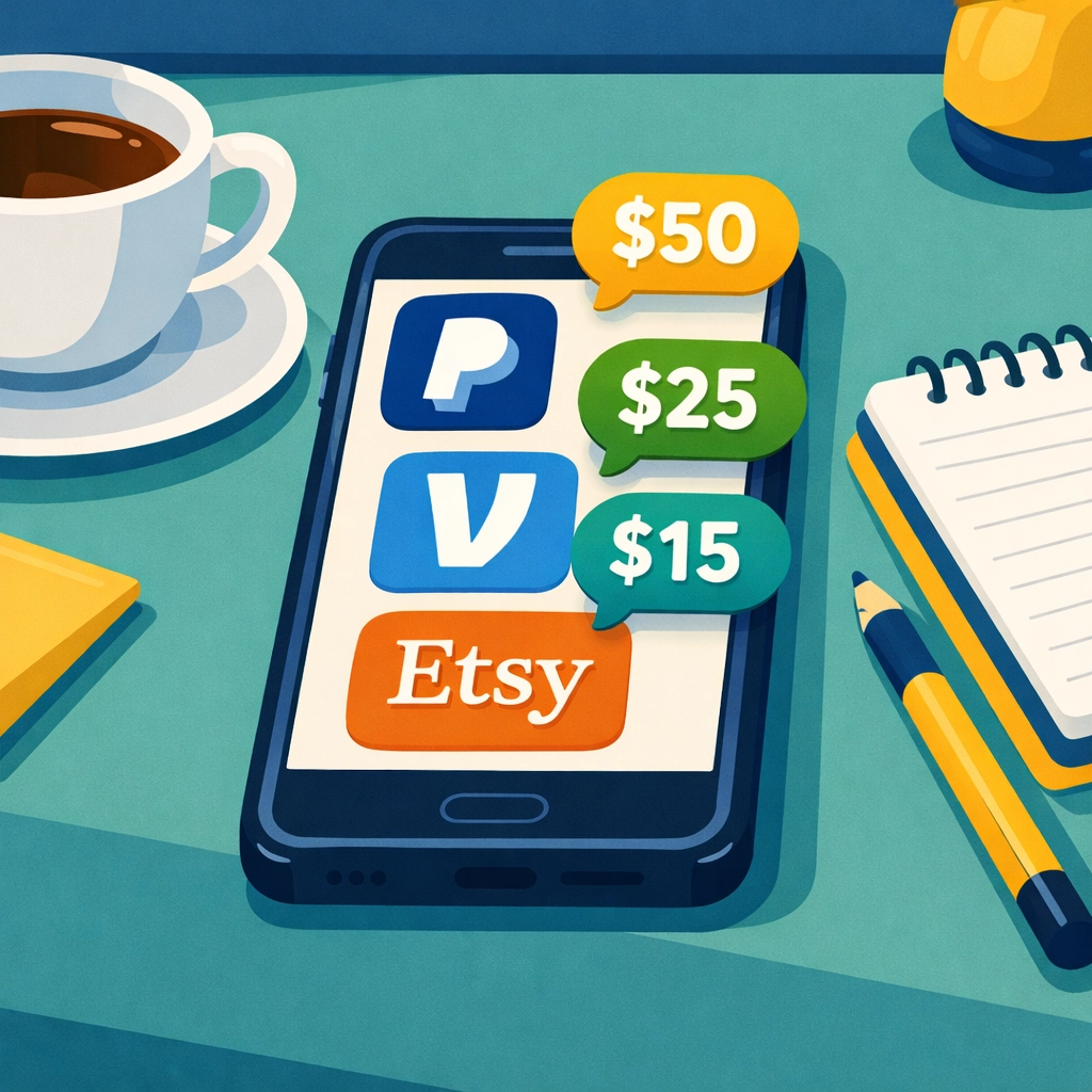 PayPal, Venmo, and Etsy payment apps on smartphone showing 1099-K transactions