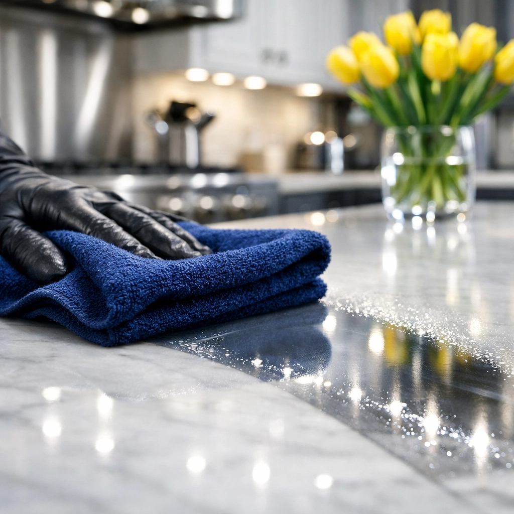 Microfiber cloth cleaning a white marble kitchen island, part of luxury residential cleaning in Groton MA.