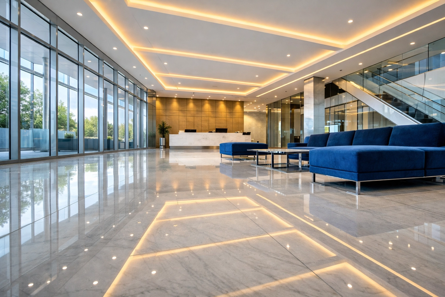 High-end Marlborough corporate lobby with polished marble floors after a professional commercial cleaning service.