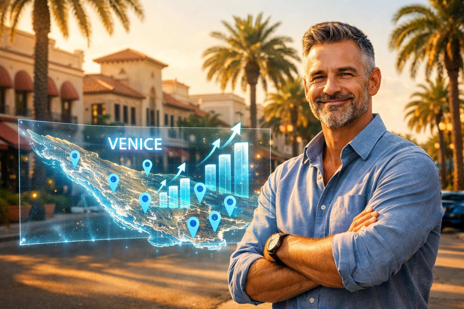 Local business owner in Venice Florida using AI marketing data to track SEO growth and map visibility.