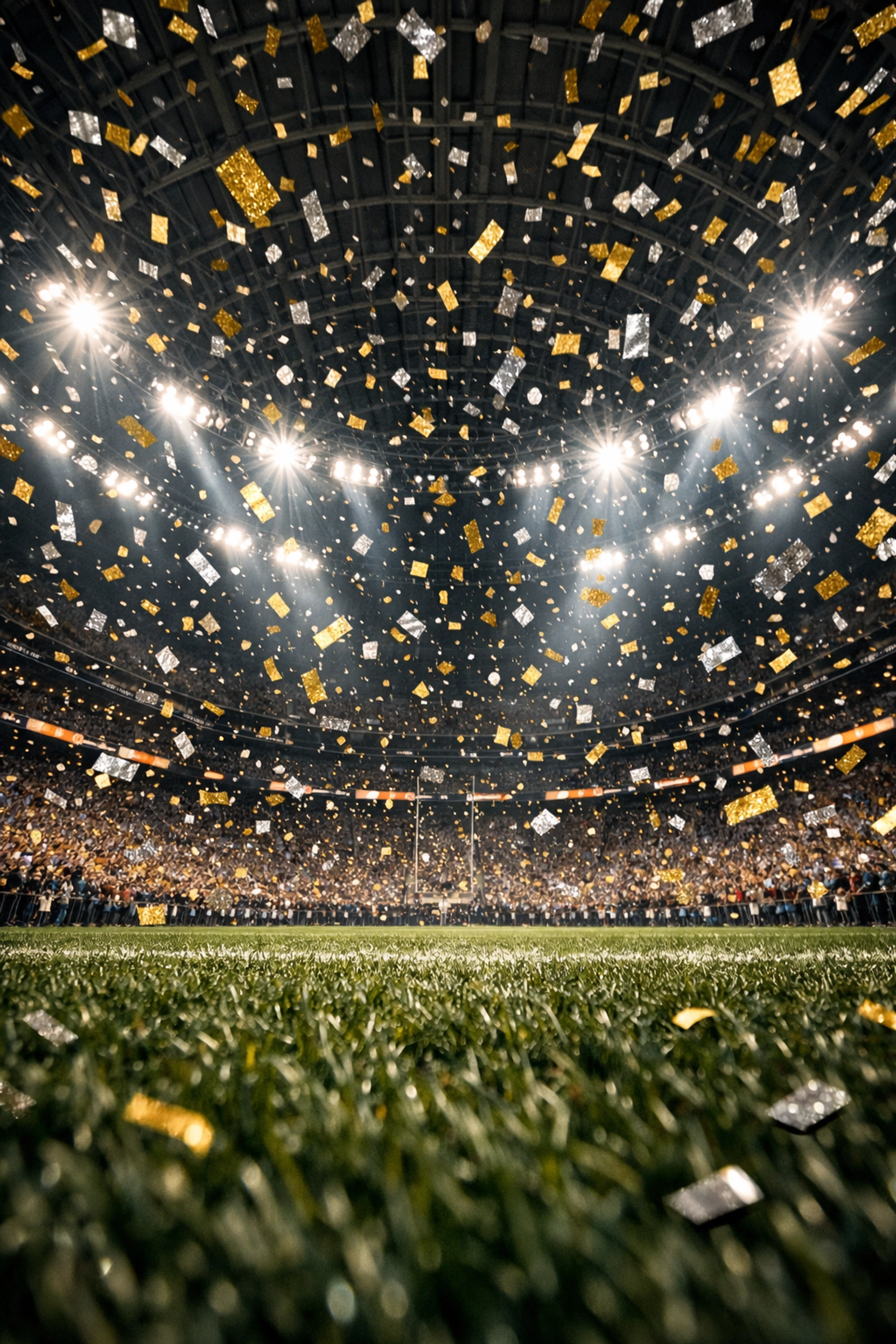 Confetti falling in a packed football stadium during the grand finale celebration of a major sports event.