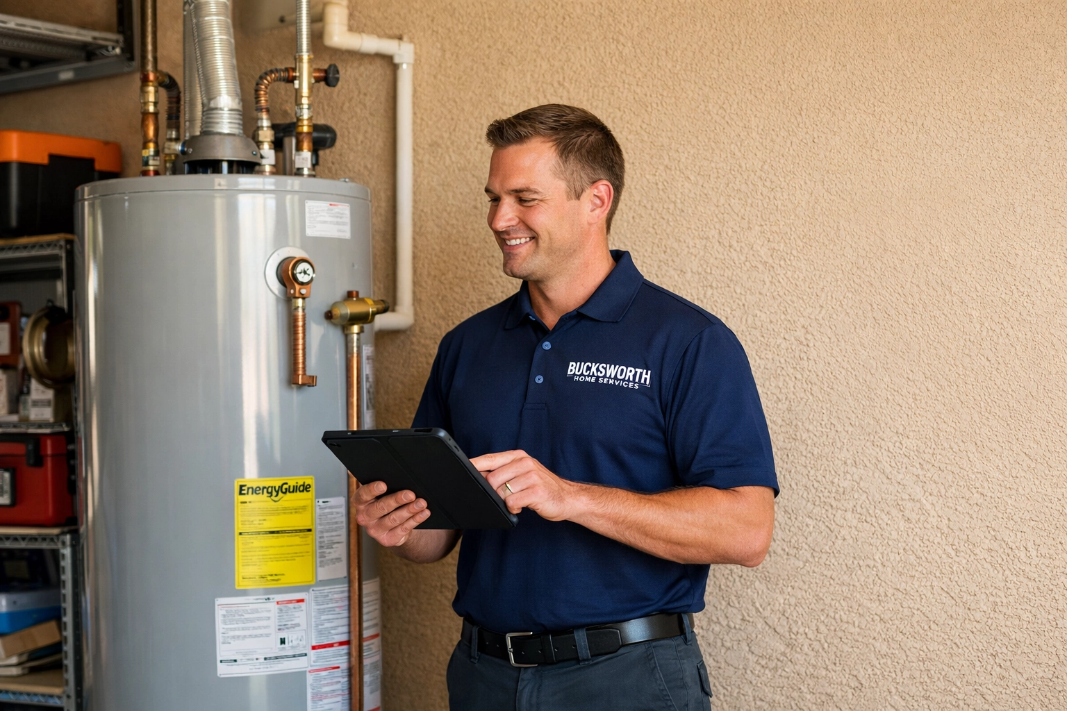 Bucksworth technician performing a water heater inspection in a Peoria residential garage.