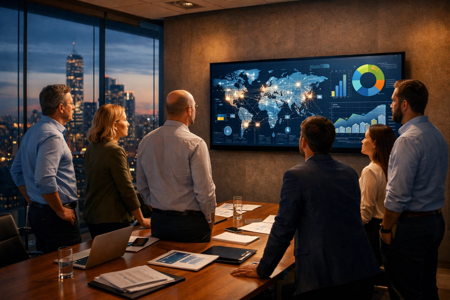 Strategic consulting team analyzing global logistics and ESG data in a modern professional boardroom.