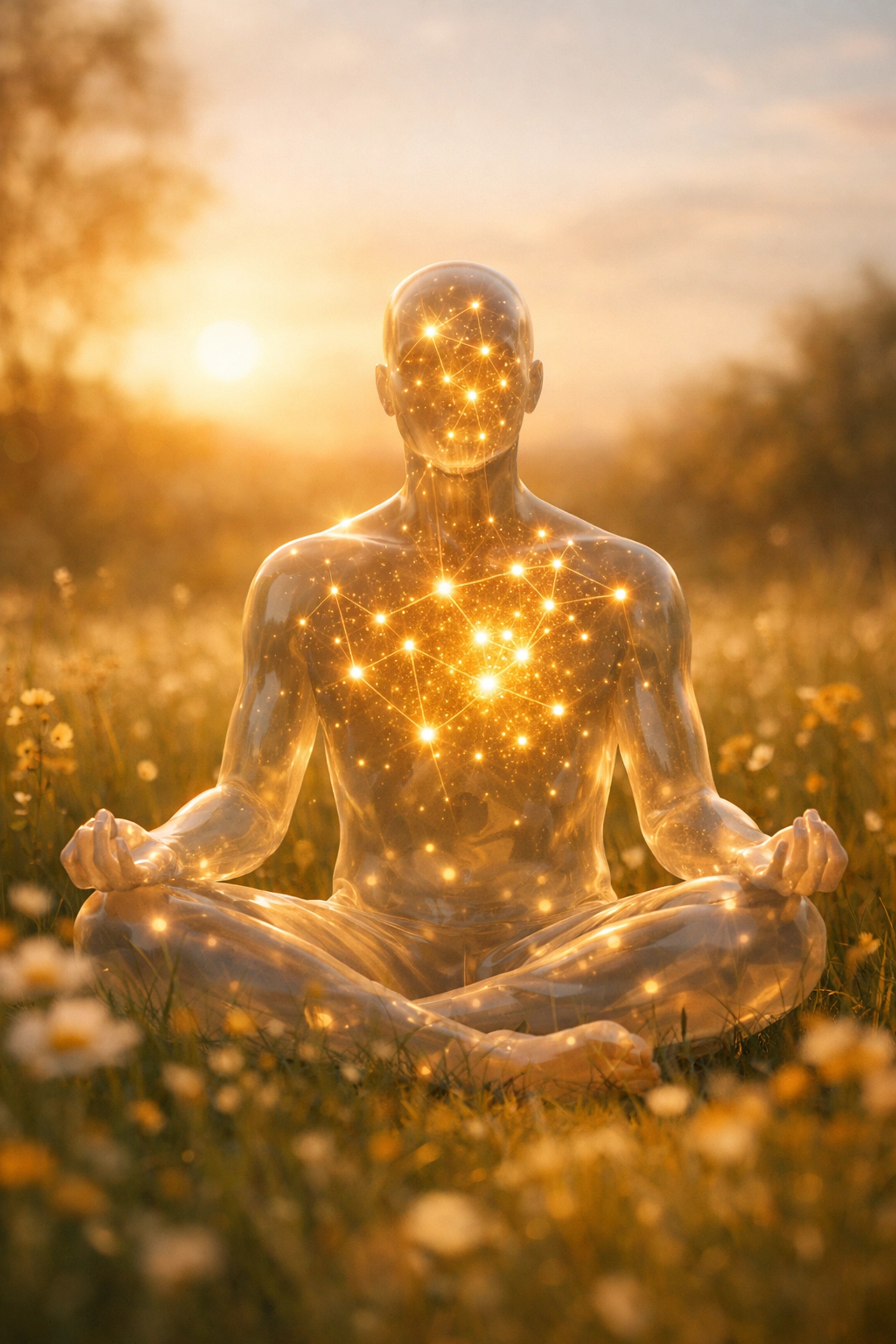 Meditating figure with golden star constellations reflecting inner healing and psychoastrology.