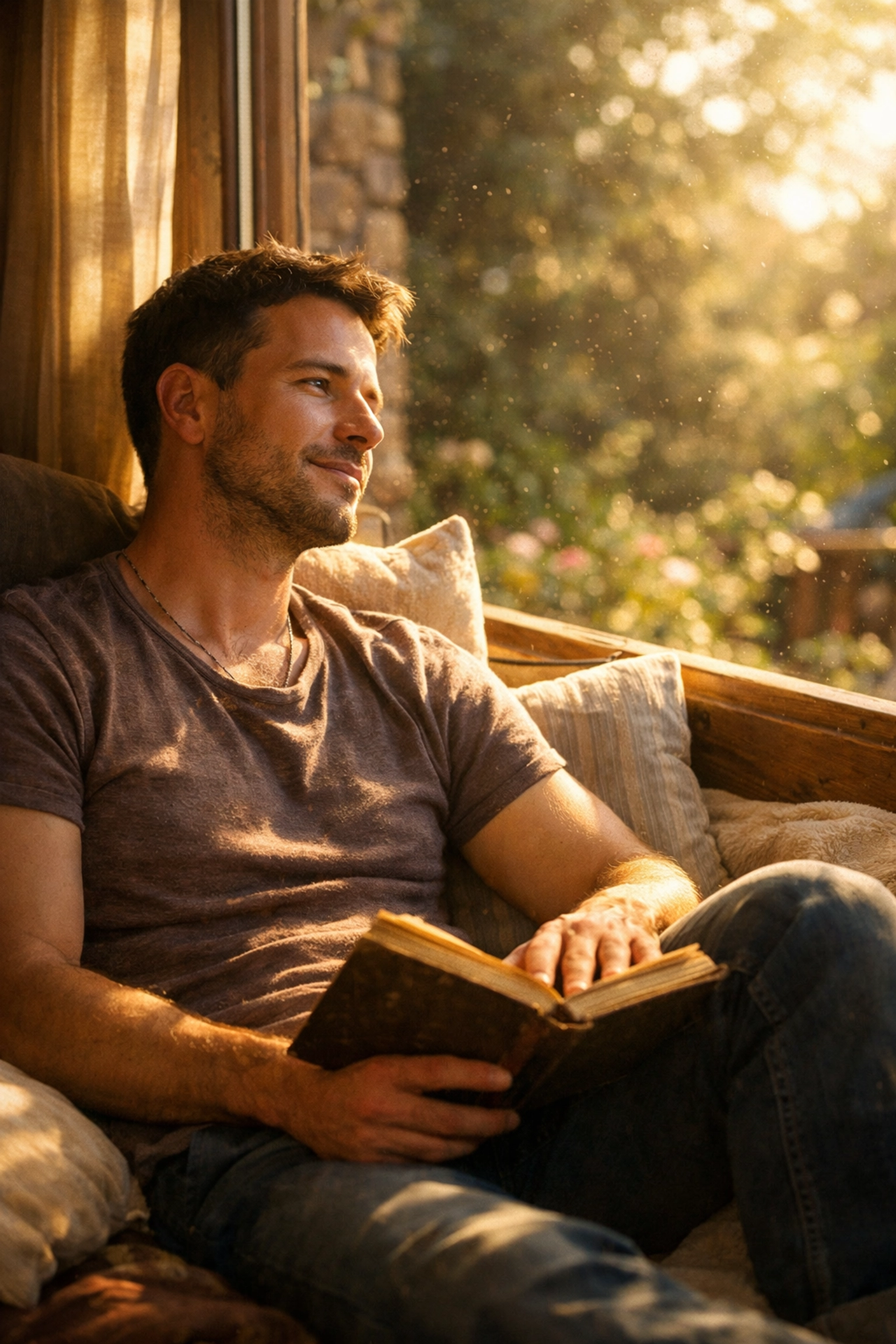 A gay man reading a biography in a sunny window nook, symbolizing queer healing and reflection.