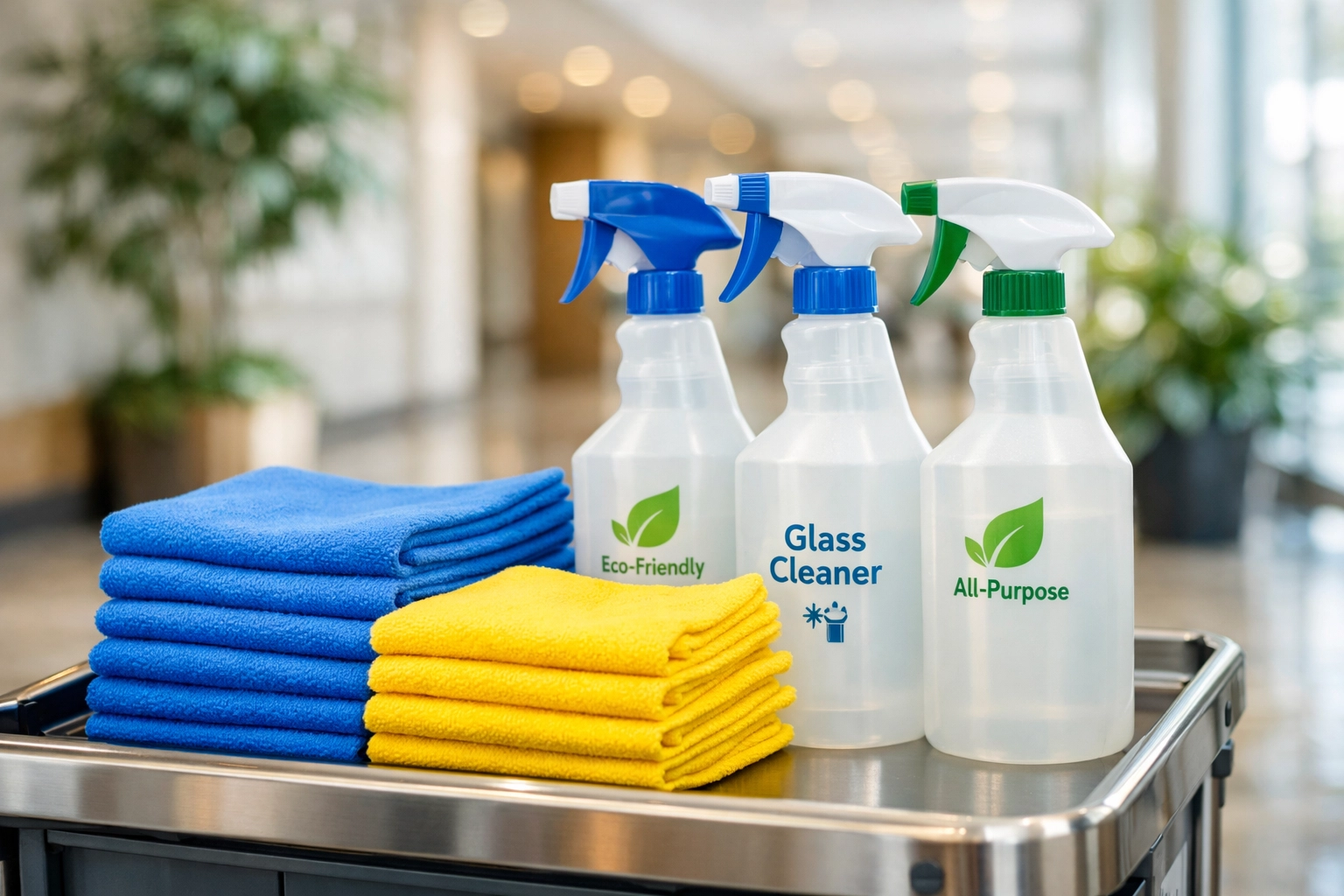 Eco-friendly cleaning supplies and microfiber cloths used by janitorial services Massachusetts.
